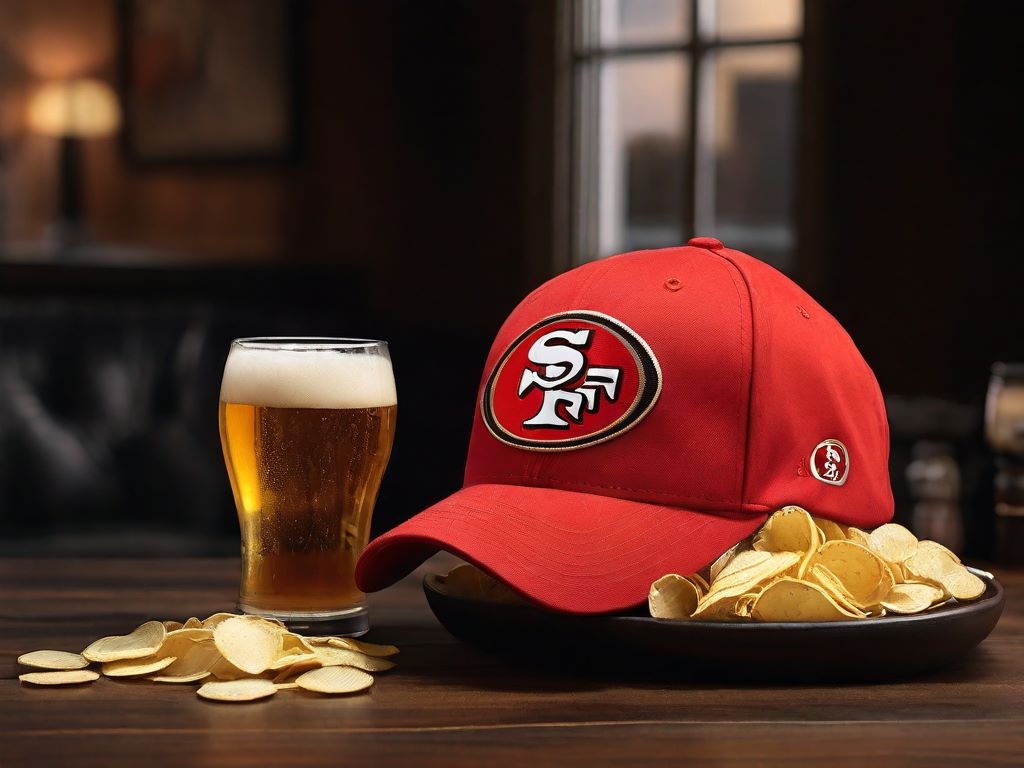 An image of a 49ers hat with a glass of beer and chips