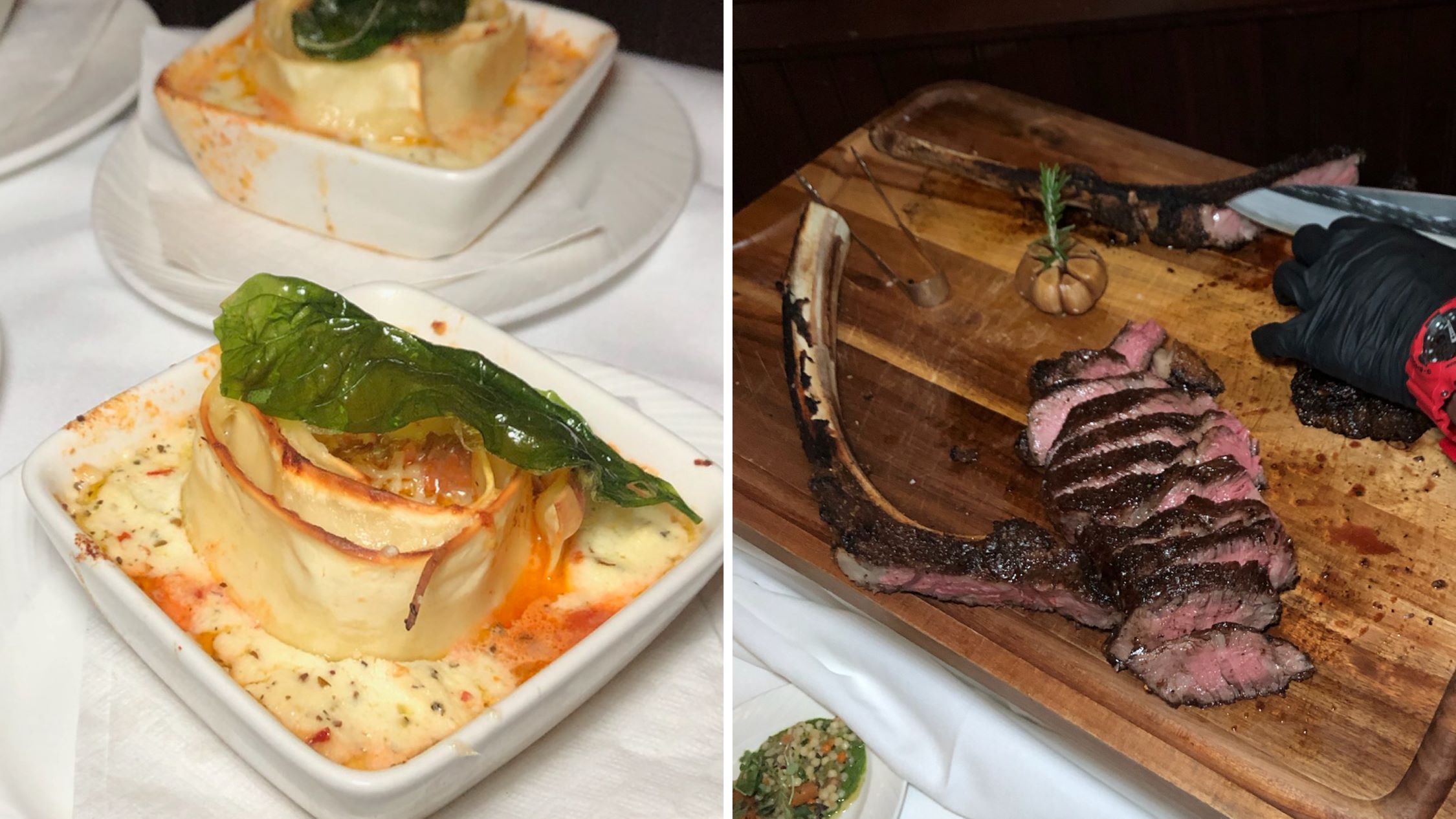 An image of highlights from Chef Omari Williams, the Wagyu Lasagna  and the Tomahawk.