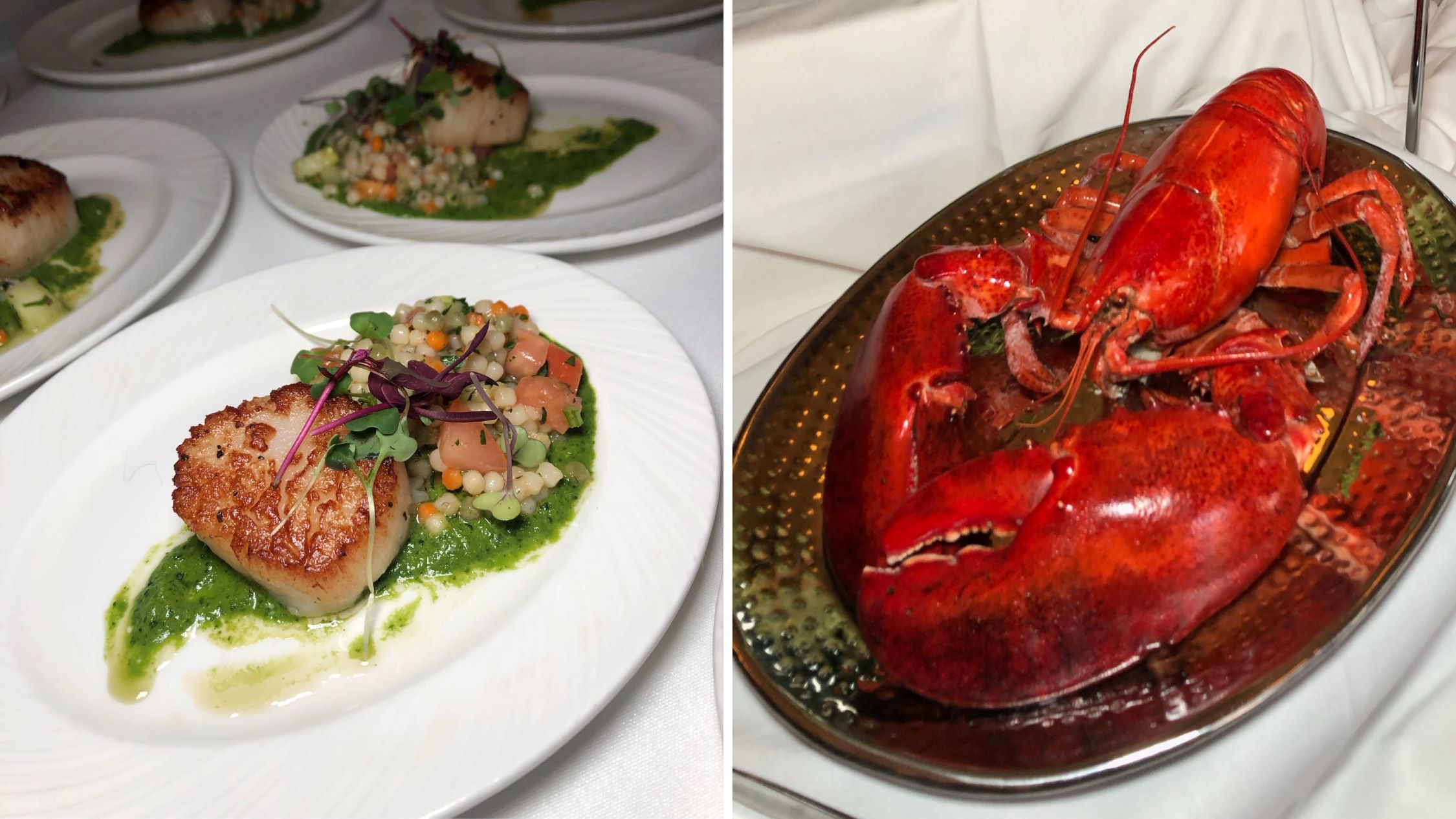 An image of both the newly added Seared Scallops and the Palm's Lobster. from Chef Omari Williams.