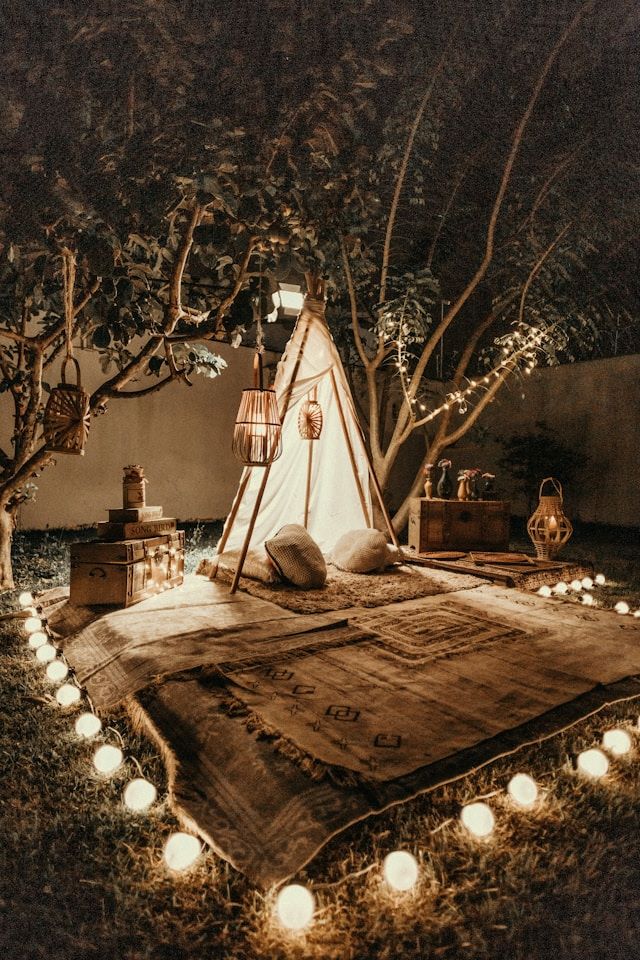 An image of a backyard decorated with lanterns. 