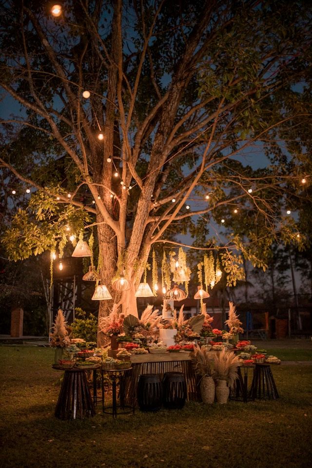 An image of a beautiful outdoor setting with strung lights and lanterns.