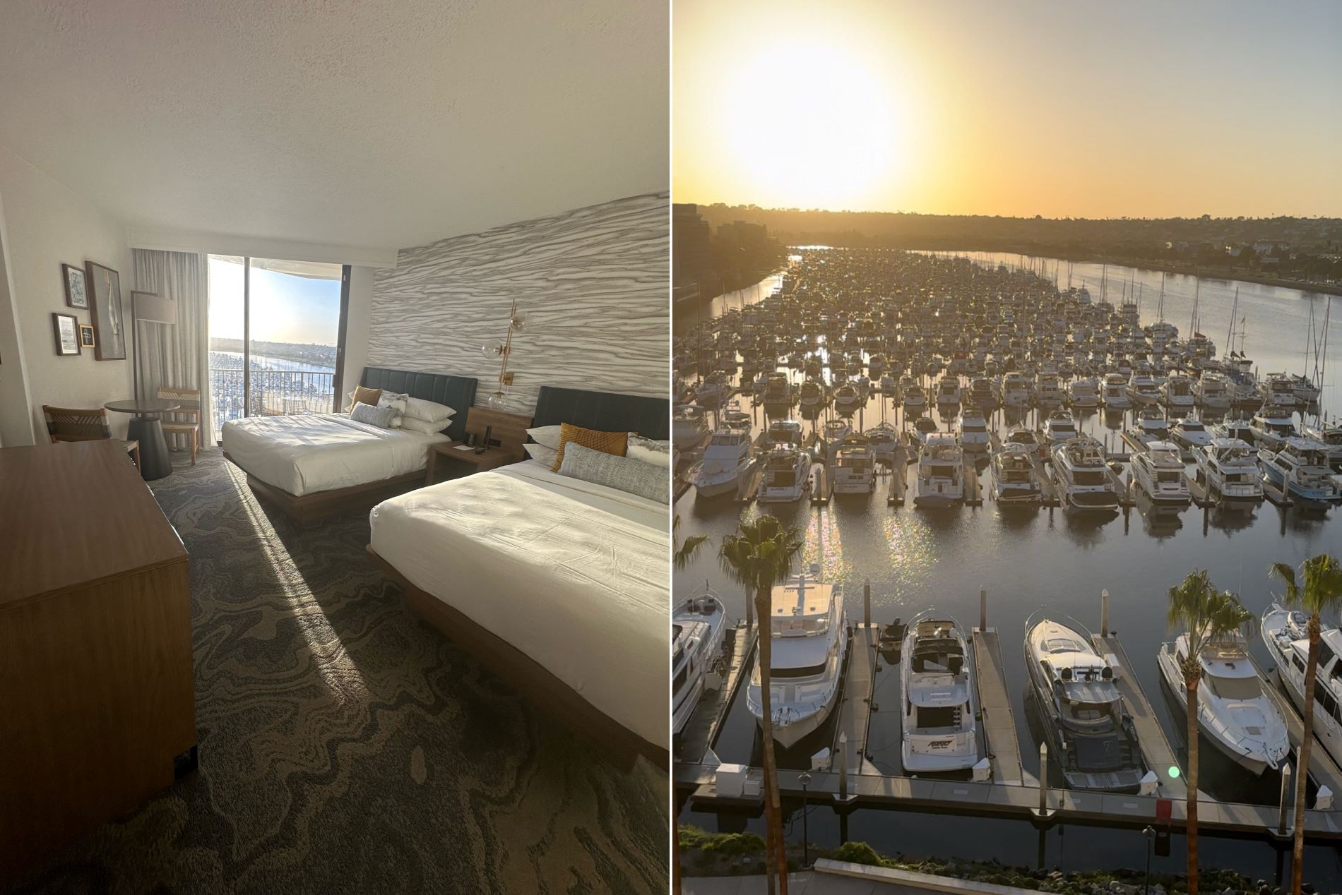 An image of a hotel room and the marina from the hotel balcony.