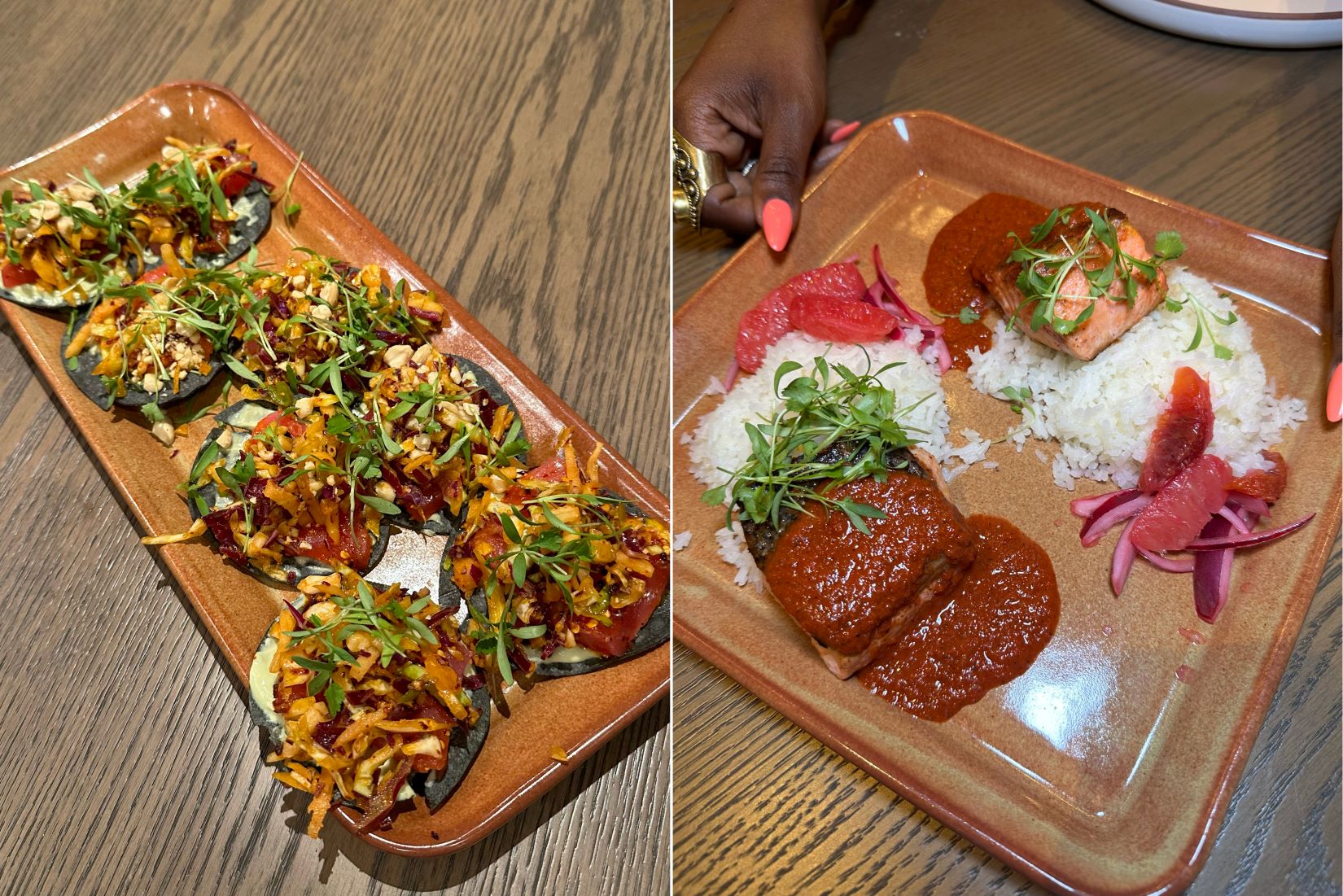 An image of the spicy Tuna Tostada and Achiote Crispy-Skin Salmon from Rumorosa.
