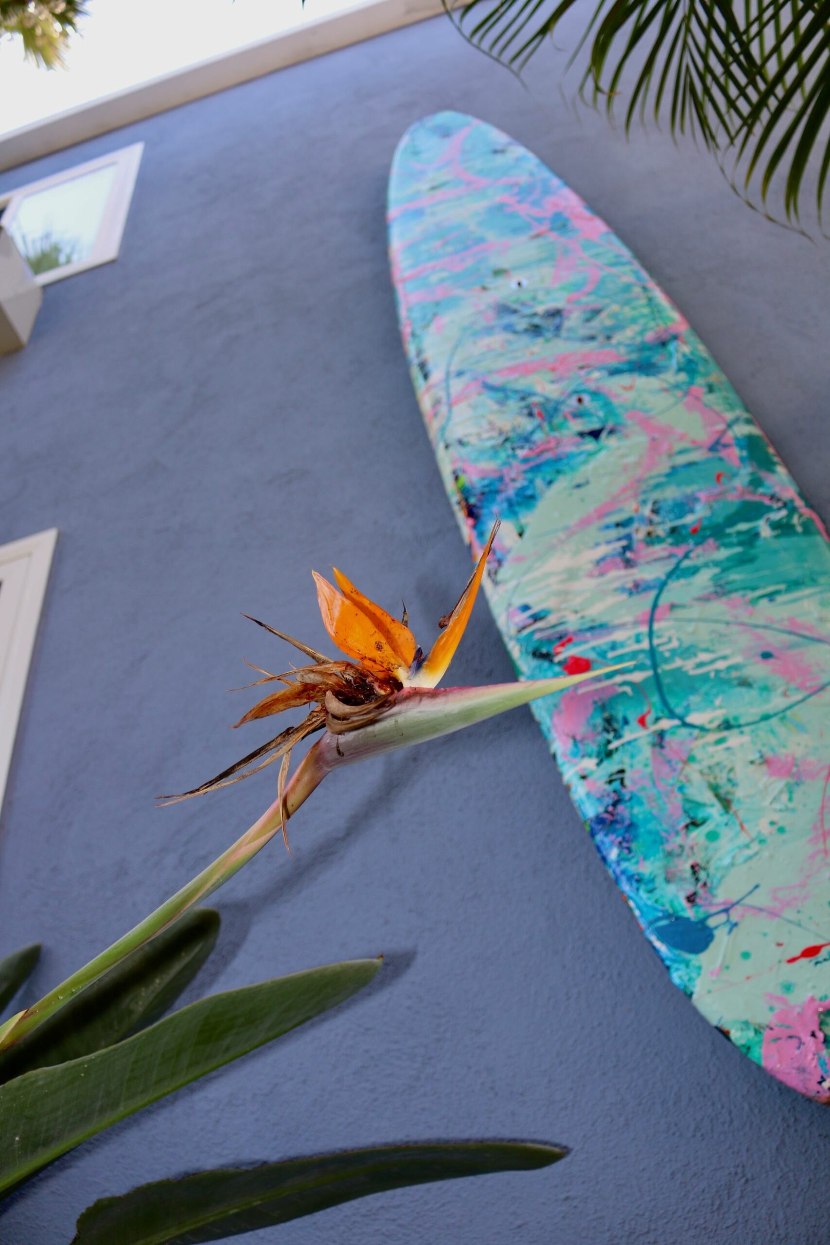 An image of artist Sarah Robarts surfboard at the Bayside Hotel.