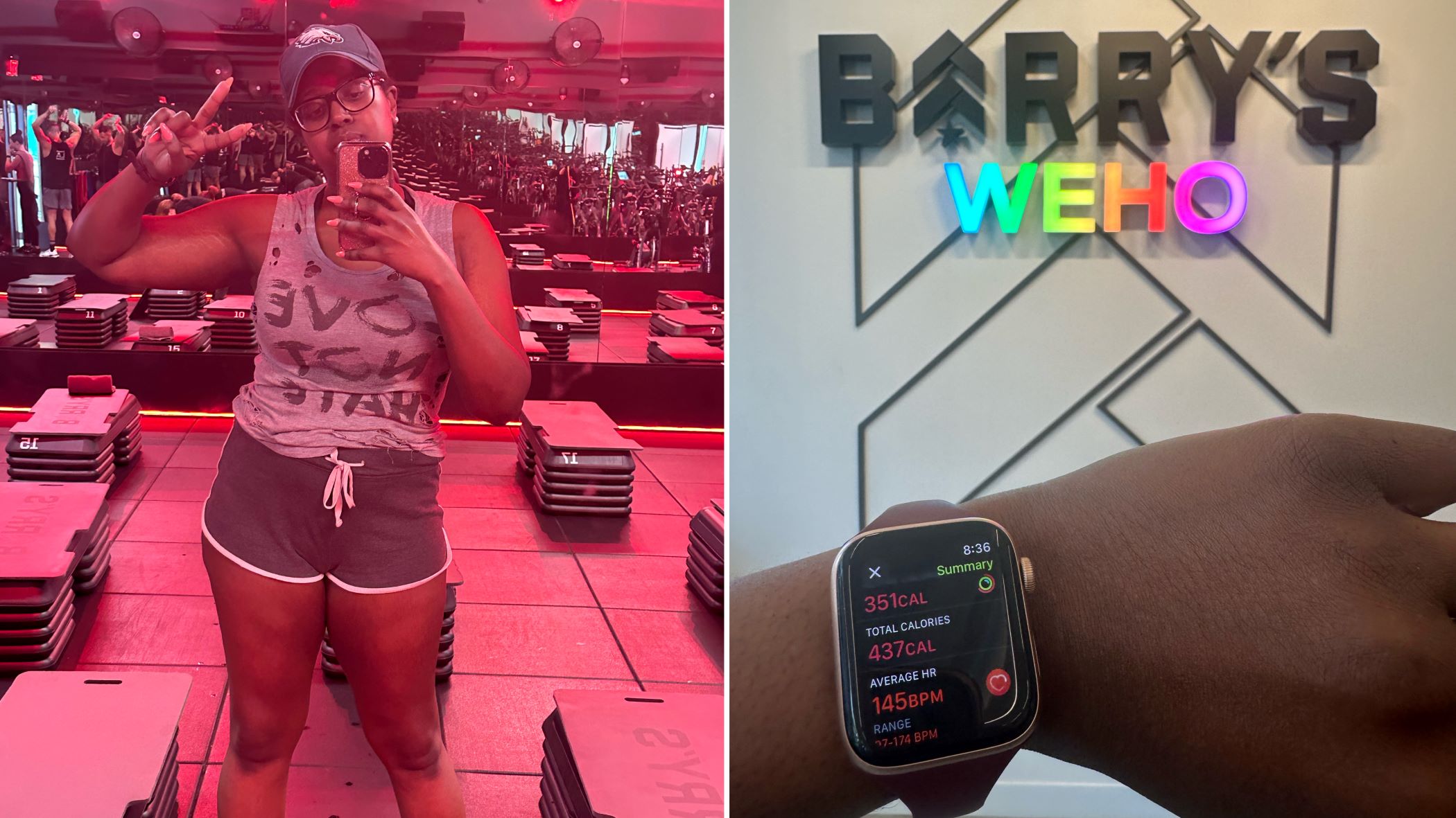 An image of lifestyle blogger Ariel posing after her Ride x Lift Class at Barry's WeHo. The next image is of her vitals on her Apple Watch.