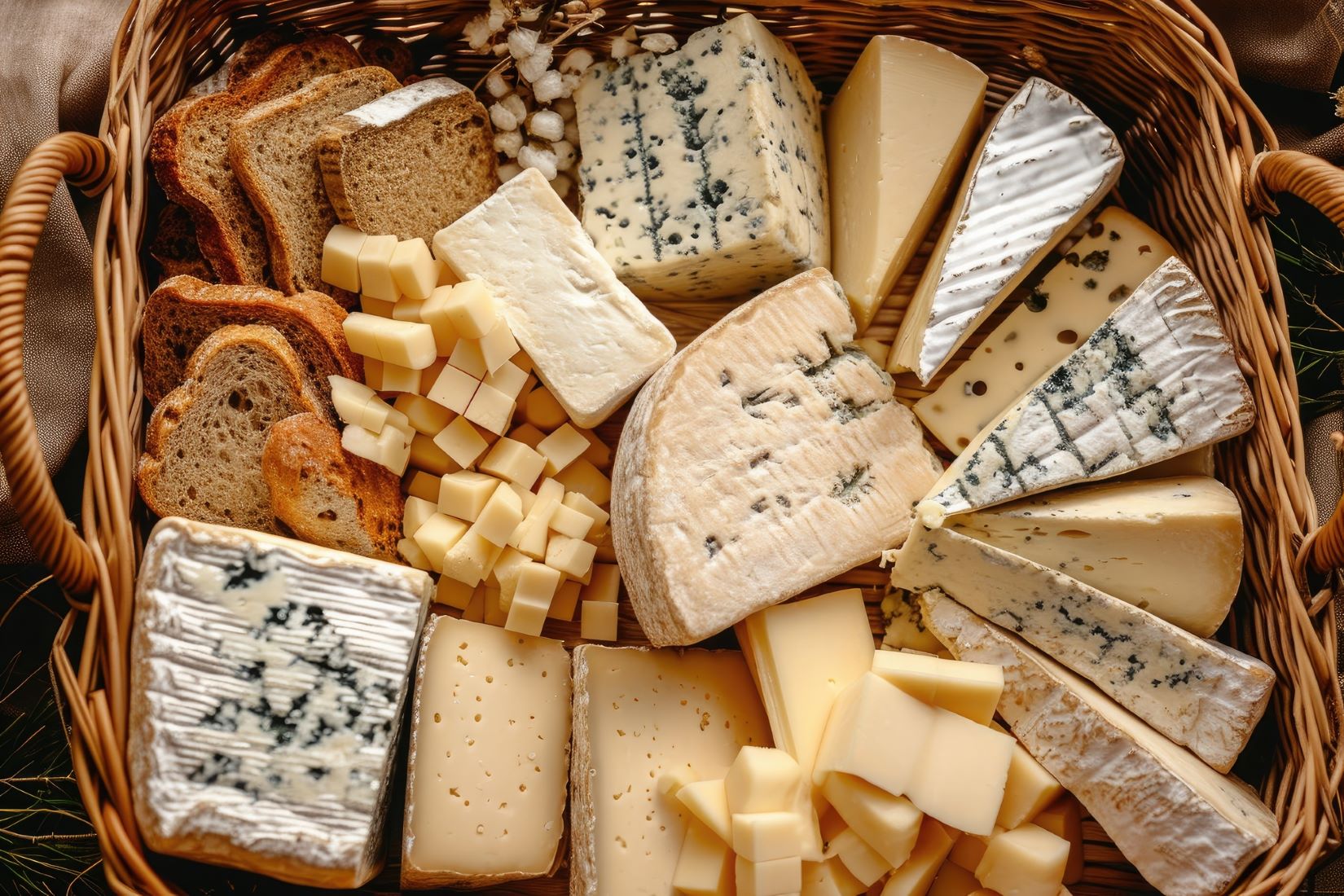 An image of different varieties of cheeses.