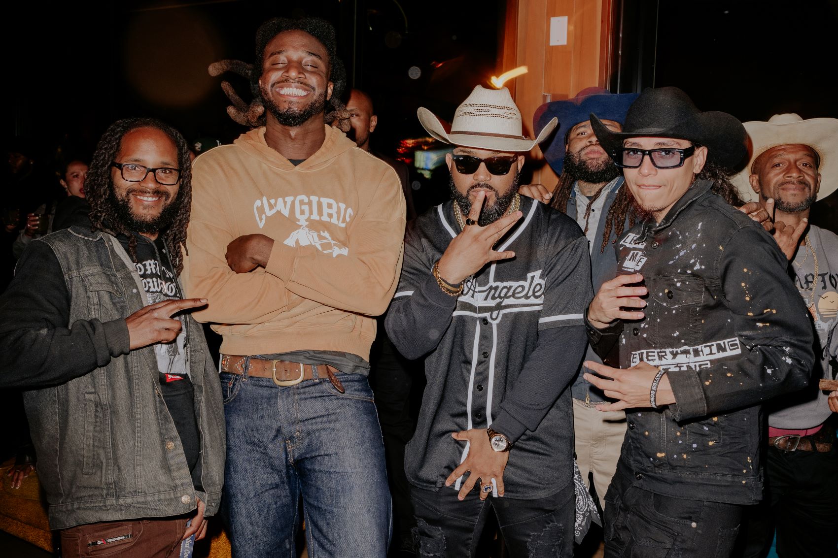 An image of Shaboozey, Randy & the Compton Cowboys at the  Beyoncé playback party at Desert 5 Spot. 