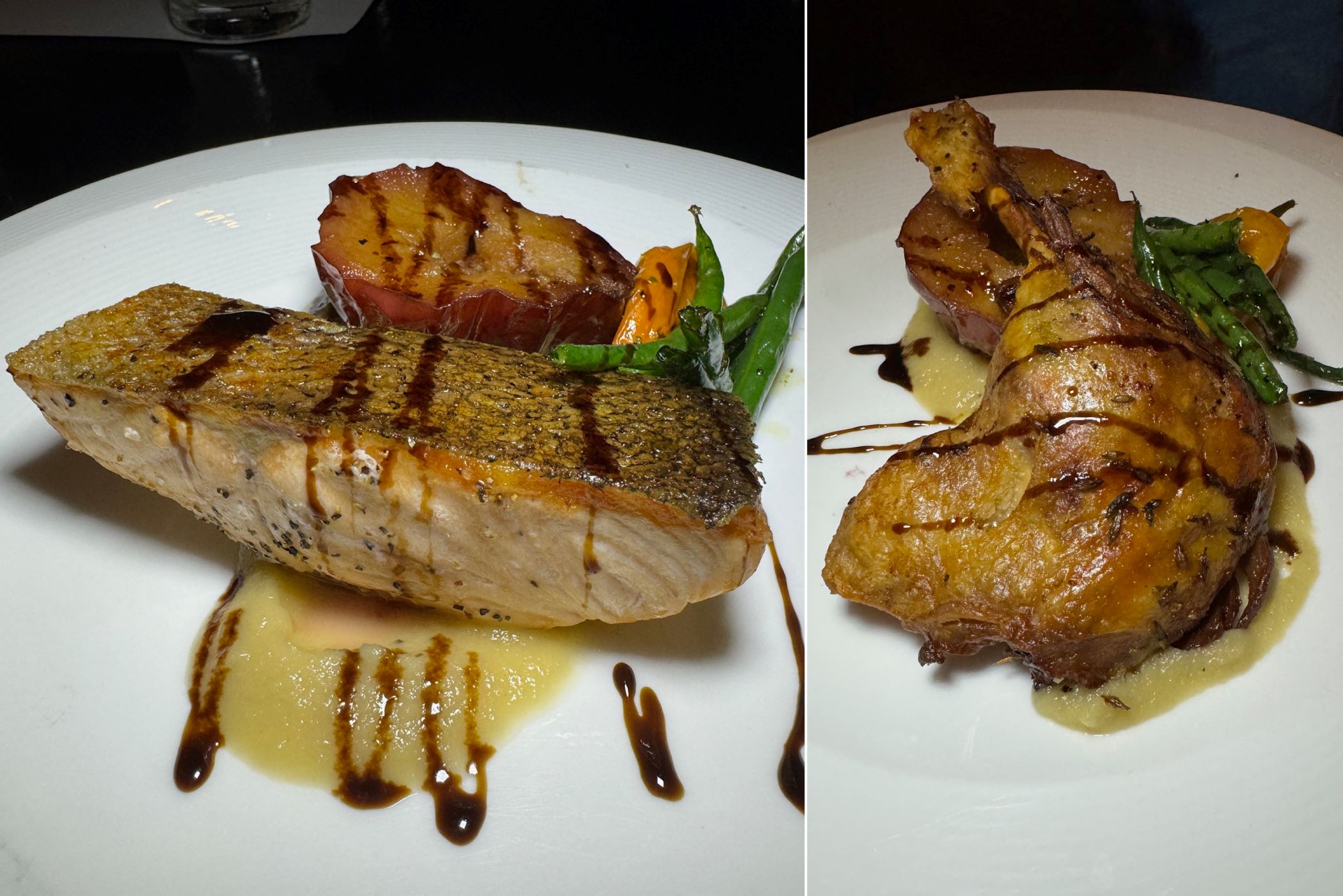 An image of two images, The baked salmon and the roasted duck
