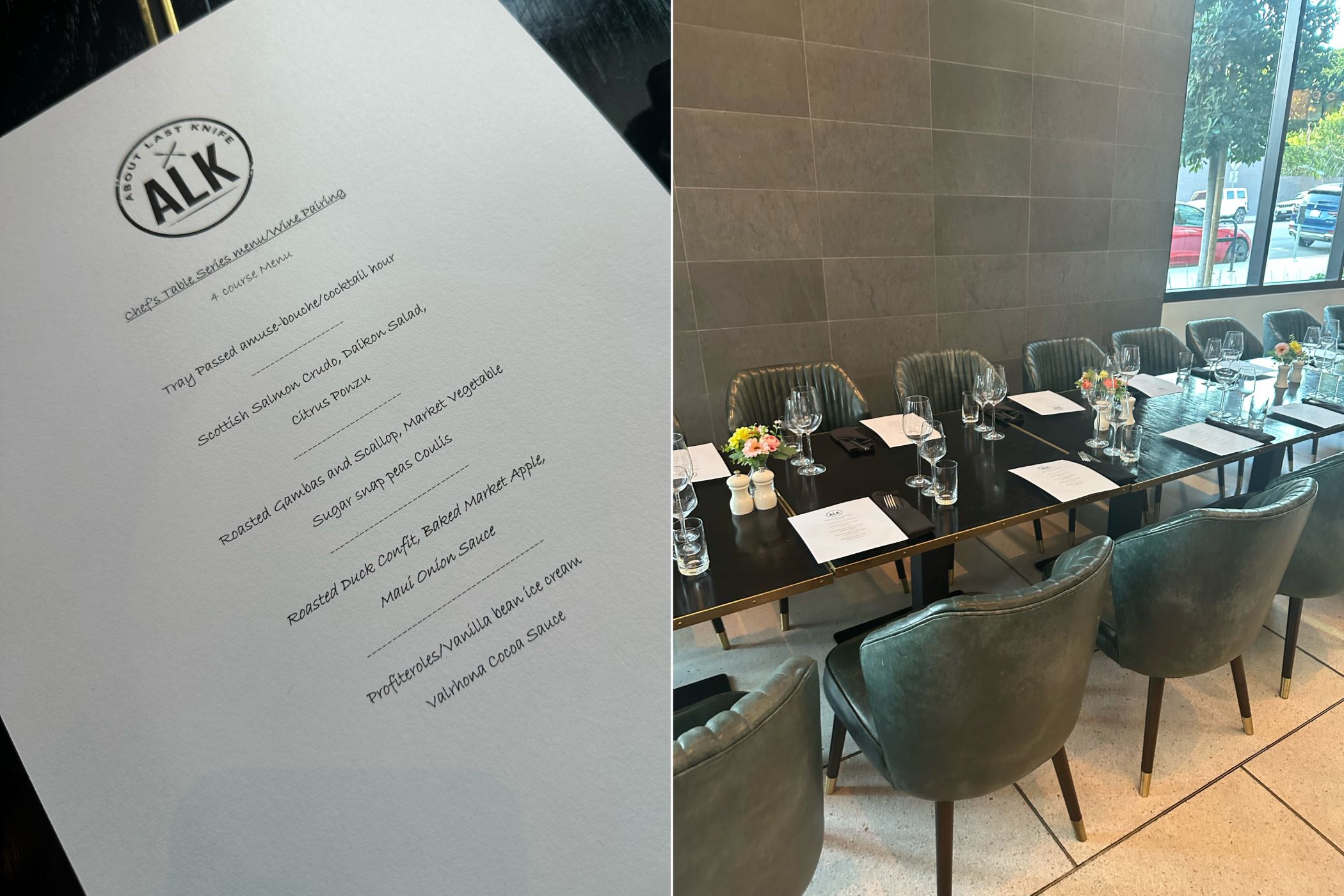 An image with two images: the ALK 4-course menu and the table setting.