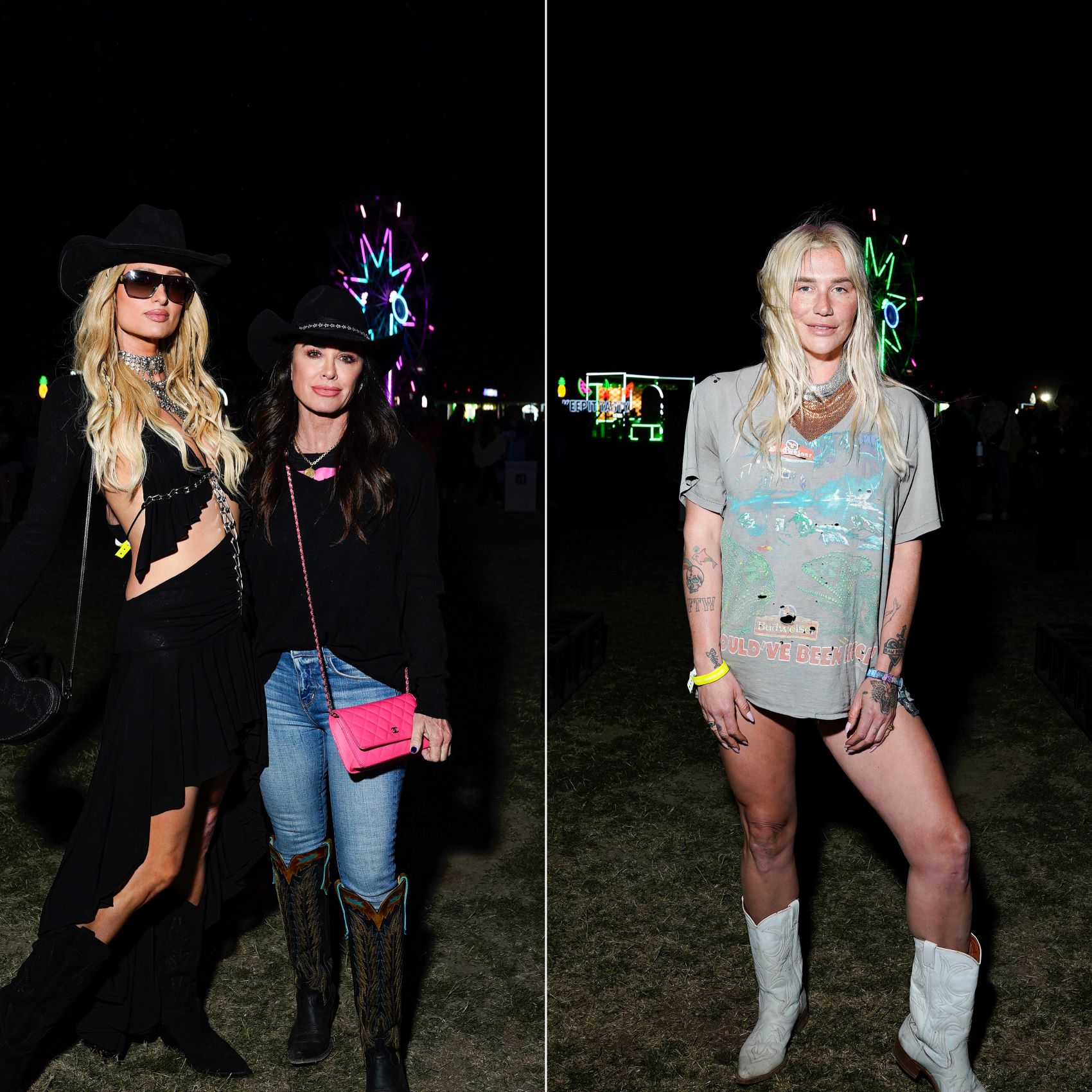 Two images. On the left is Paris Hilton and Kyle Richards, and on the right is Kesha.