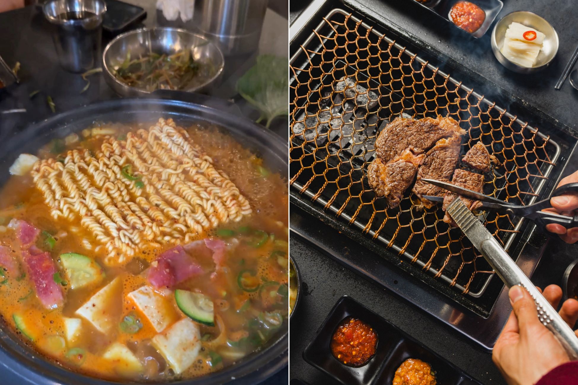 An image with two pictures: on the left is the ramen and on the right is someone cooking meat on the grill. 
