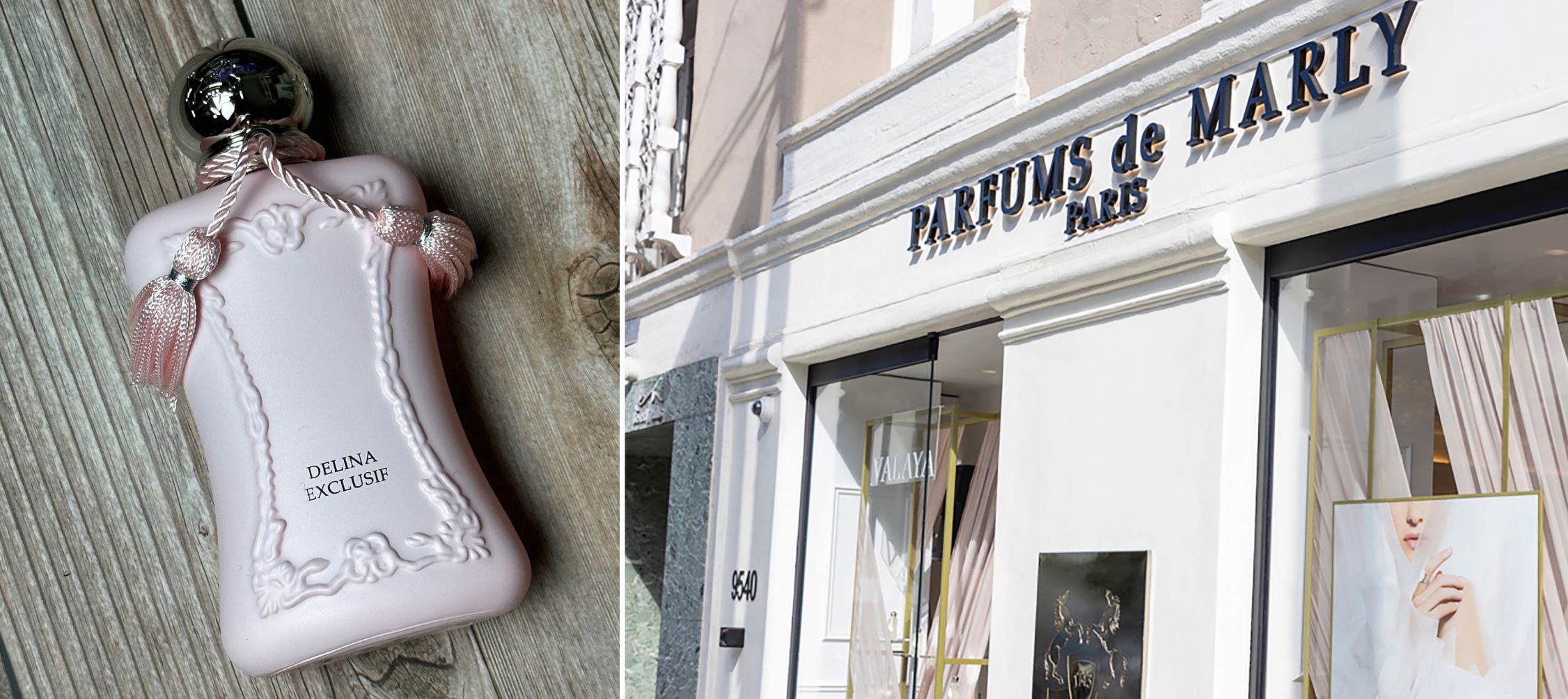 An image of two images: in the left is a bottle of he popular Delina Exclusif perfume from the left image of the store, Parfums de Marly.
