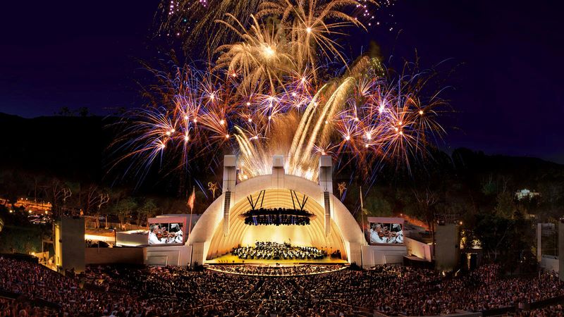 An image of the Hollywood Bowl with fireworks.