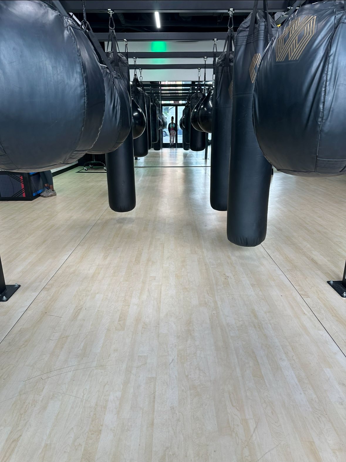 An image of the different punching bags at Mayweather Boxing and Fitness.