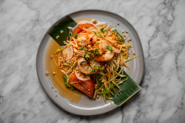 An image of some of the best Thai food in LA - the Papaya Salad with Shrimp at White Elephant.