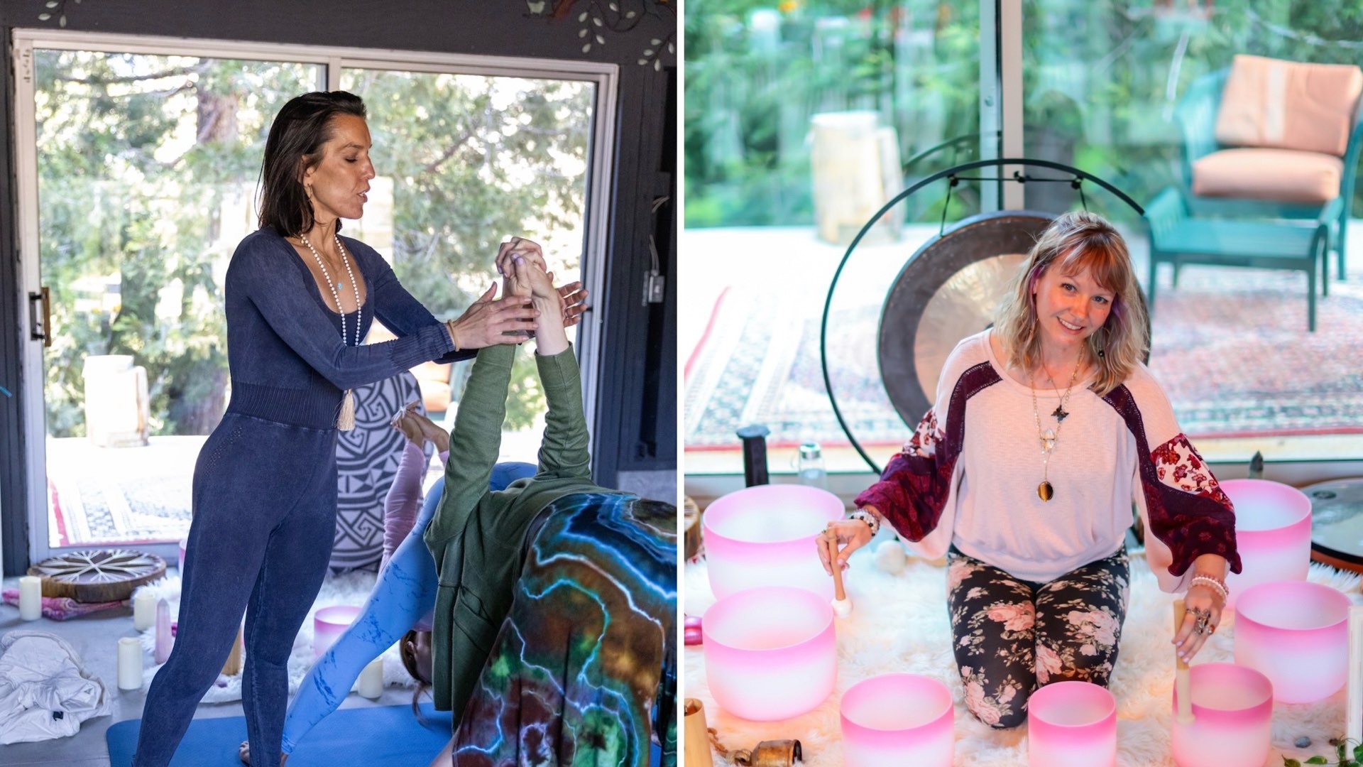 An image of two pictures: Celia teaching yoga and sound bath practitioner Theresa with her sound bowls.