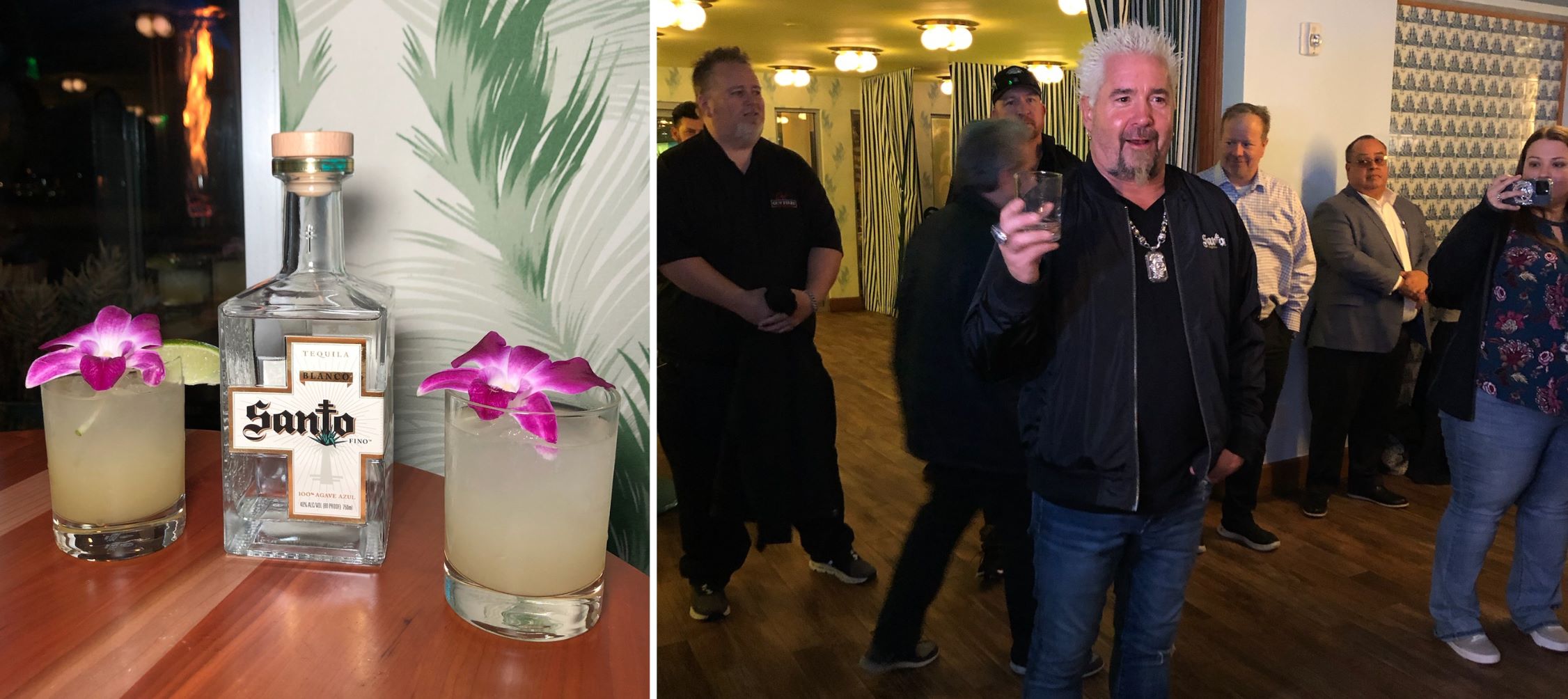 An image of Santo Tequila on the left and Guy Fieri on the right. Santo is perfectly served neat or as a base for on the rocks cocktails.