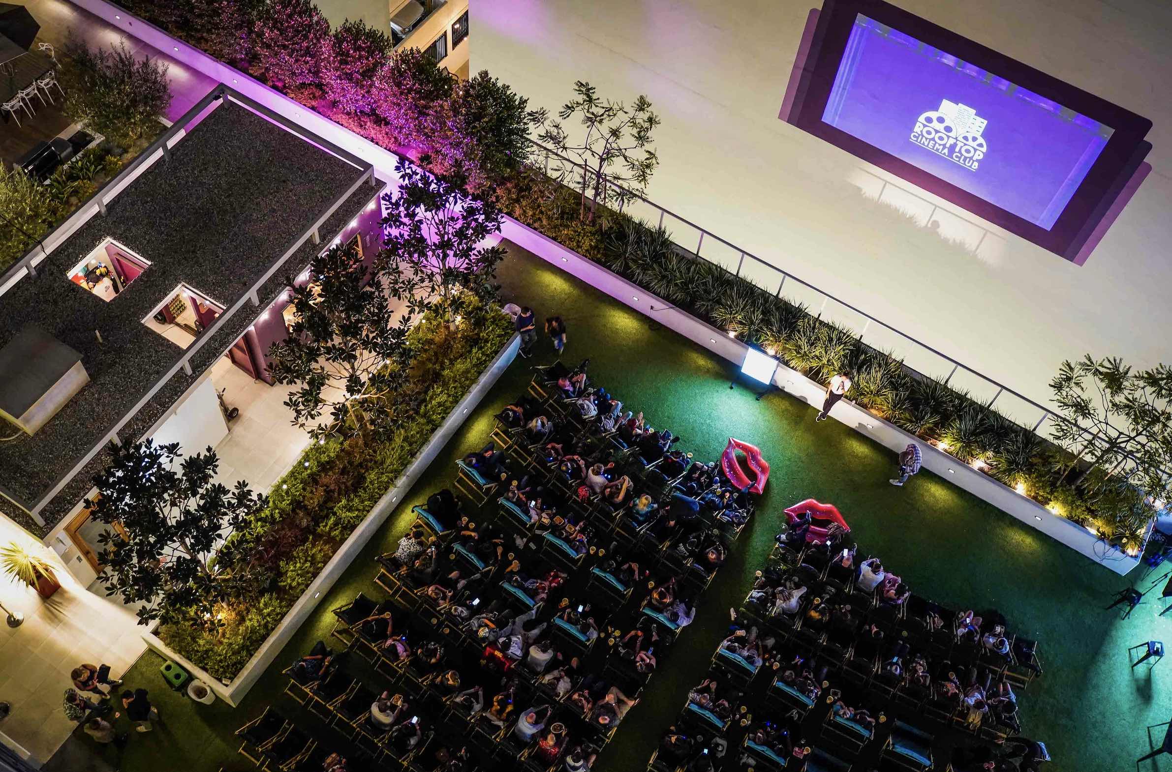 An image of a birdseye view of the rooftop cinema club.