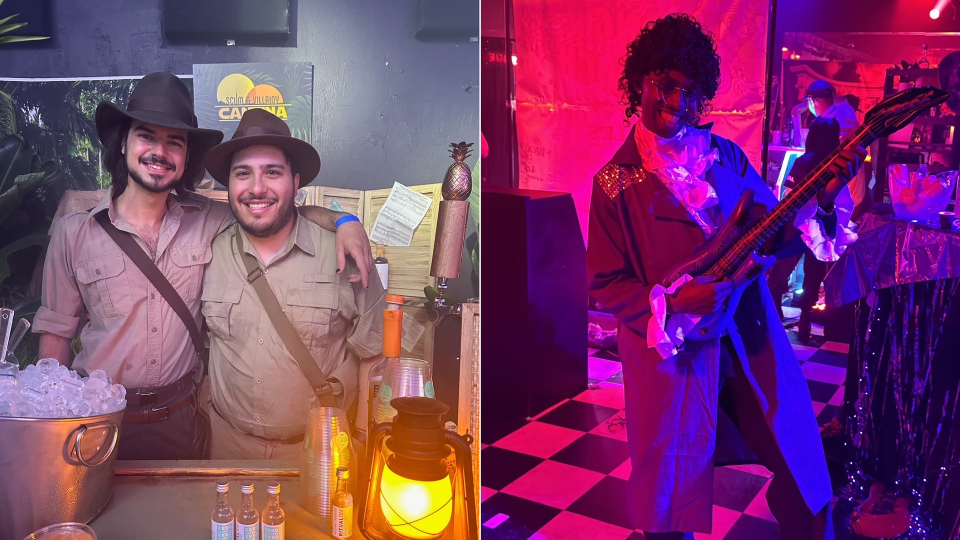 An image of two people dressed as Indiana Jones and a man dressed up as Prince.