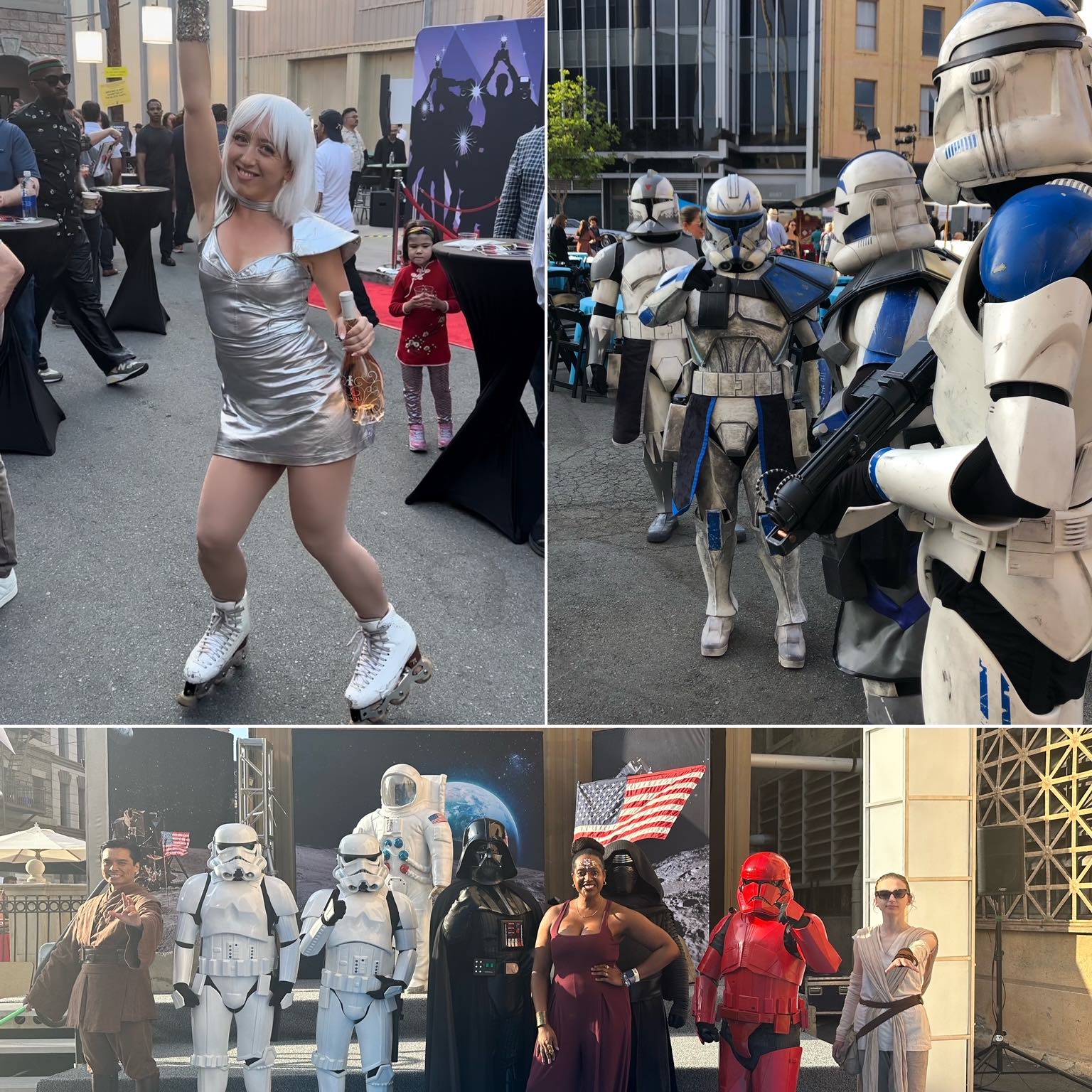 A collage image of three images, a roller skating space girl, Storm Troopers, and lifestyle blogger Ariel with Star Wars characters.