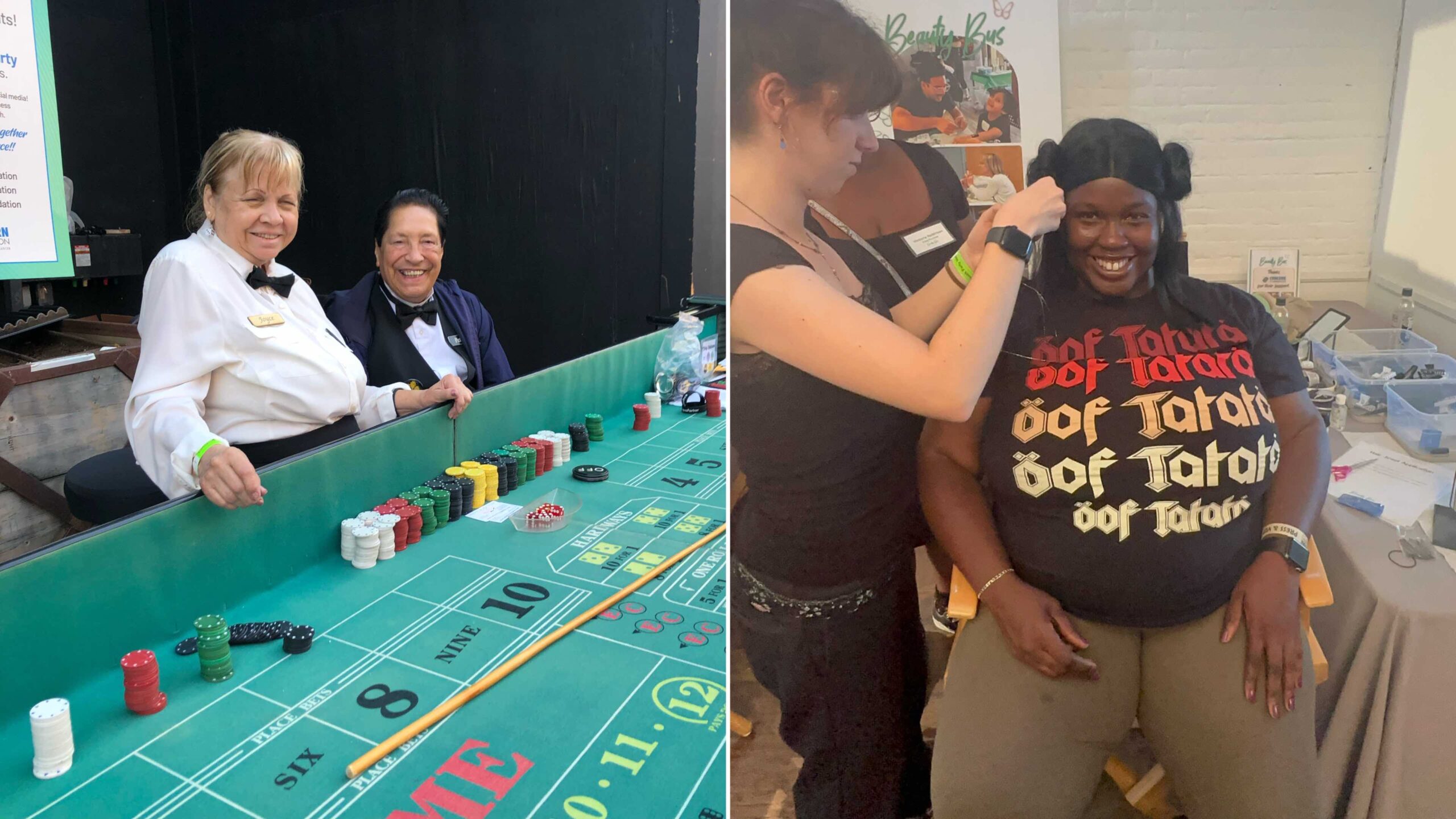 An image with two pictures, on the left are casino dealers and on the right is Nkechi Ahaiwe getting her hair done by the Beauty Bus.