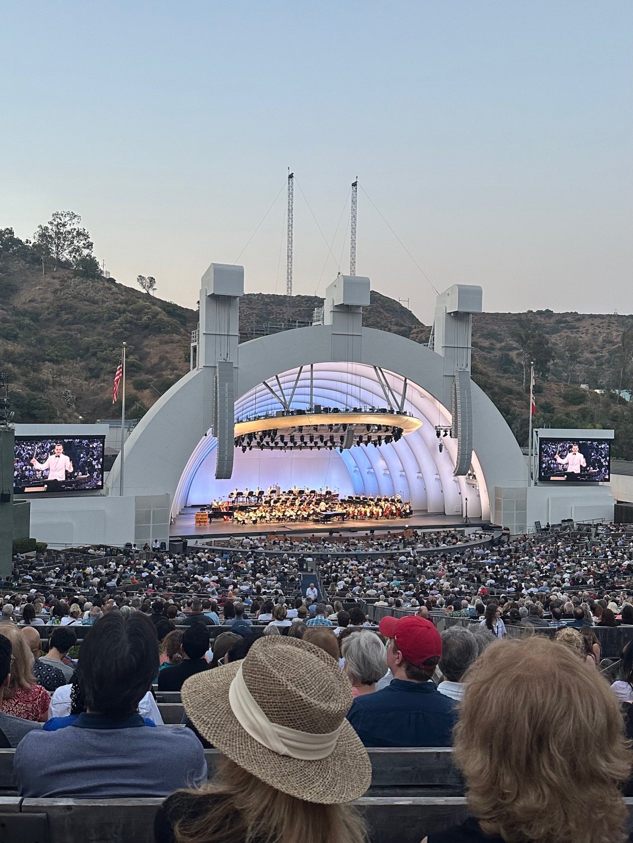 An image of the orchestra playing Gershwin songs at the Hollywood Bowl.