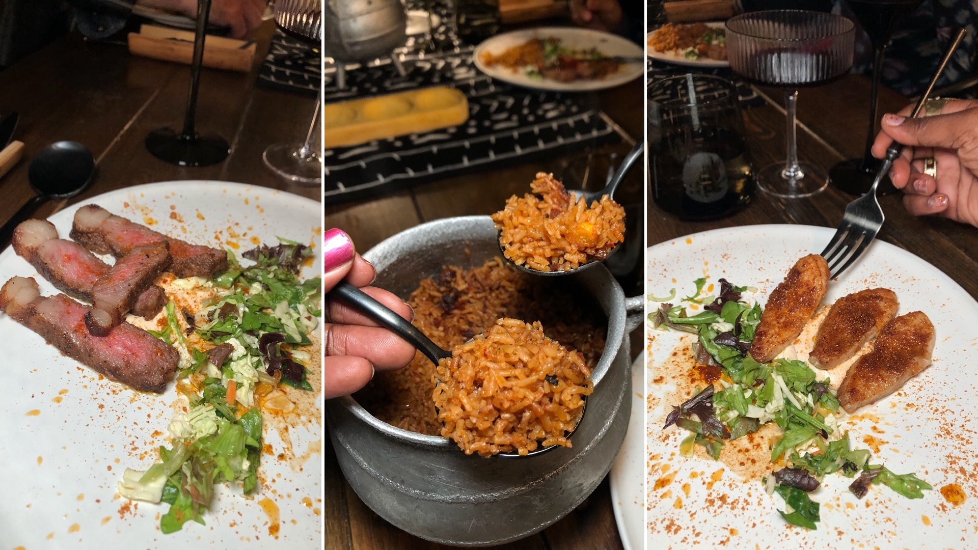 An image of the Jollof Rice and steak on the left with the fish on the right, a a staple of West African food.