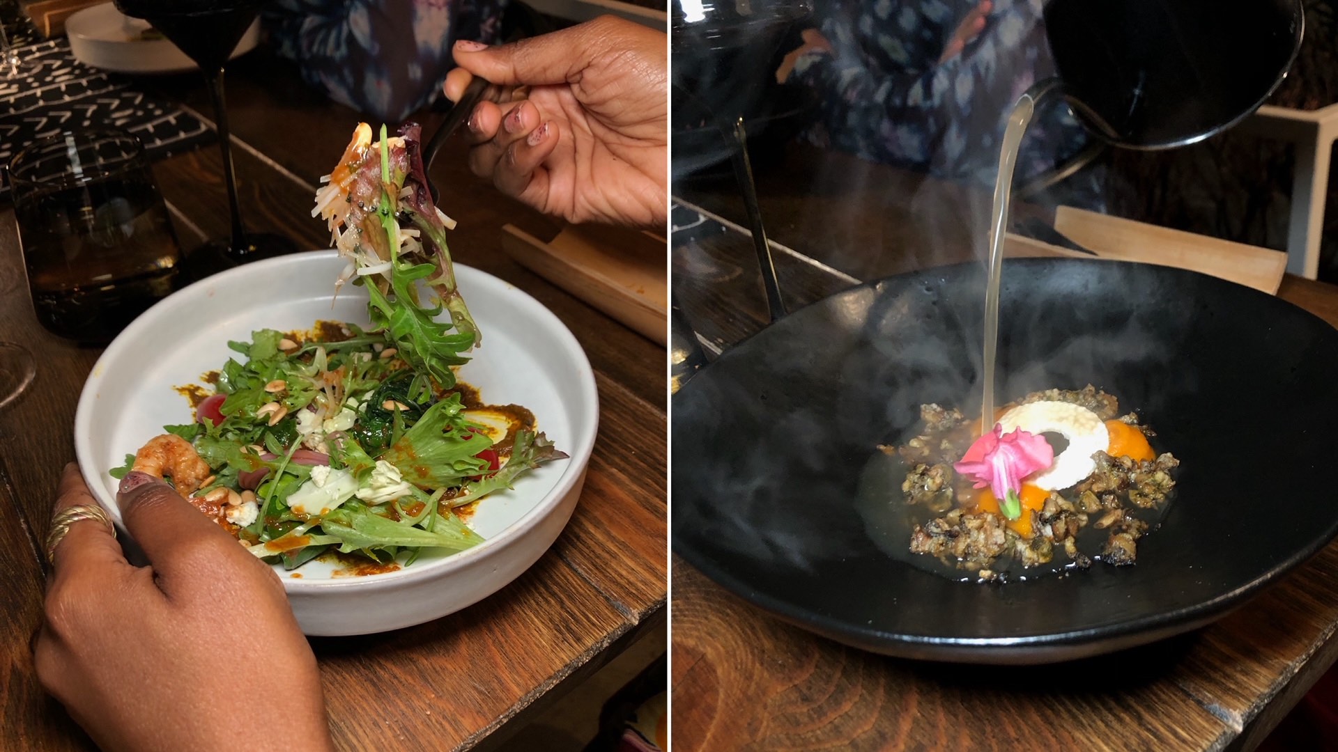 An image of two items from ILÉ, the Benin City Salad on the left and Calabar Soup on the right.