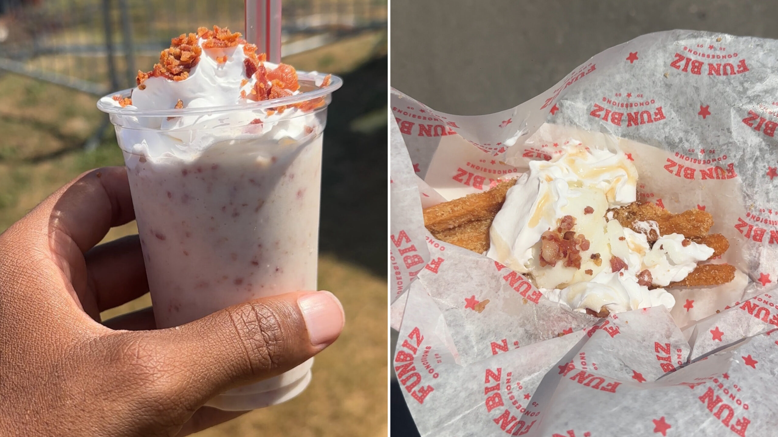 An image of two images of the Maple Bacon Smoothie and Bacon Churros fair food from the OC Fair