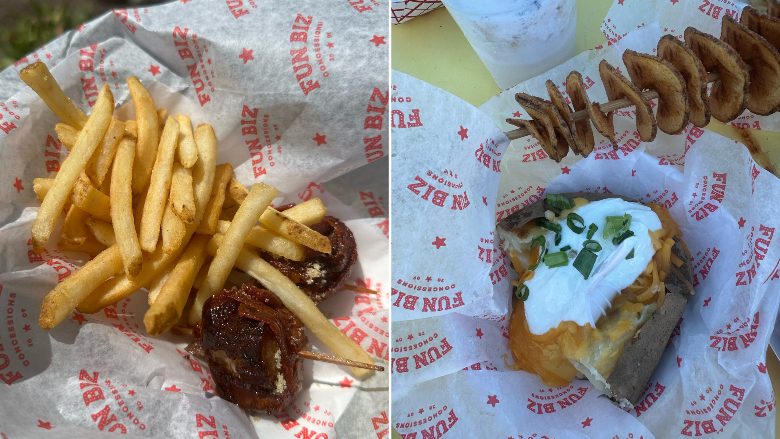 An image of two items of fair food, the Candy Bacon Pork Belly Bites and the Loaded Baked Potato from the OC Fair.