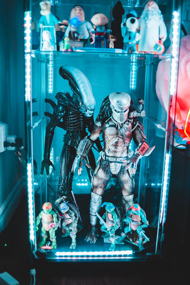 An image of scifi and horror collectibles in a case.