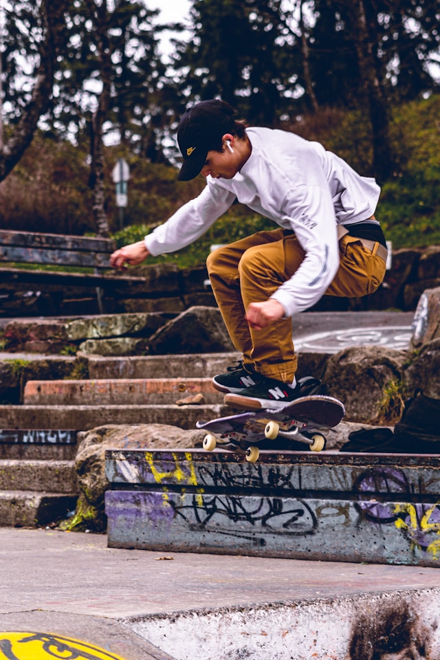 An image of a skater wearing New Balance sneakers.