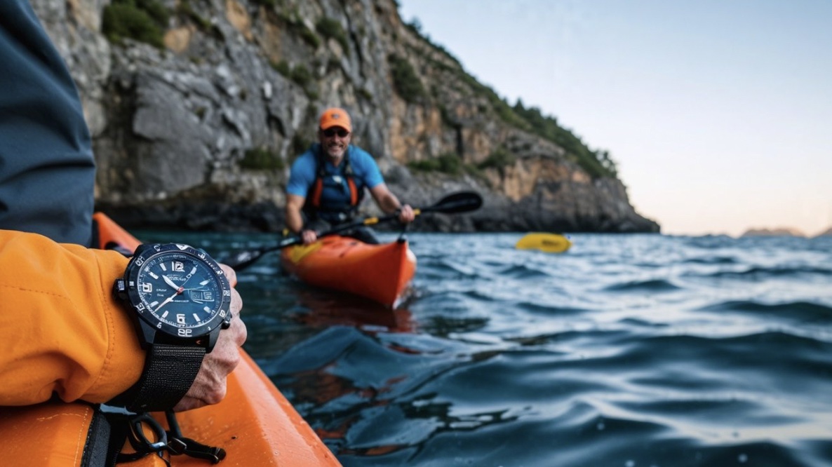 An image of a person wearing a Luminox watch while kayaking.