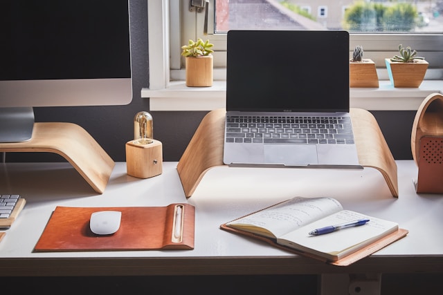 An image of q home office with plants in the window.