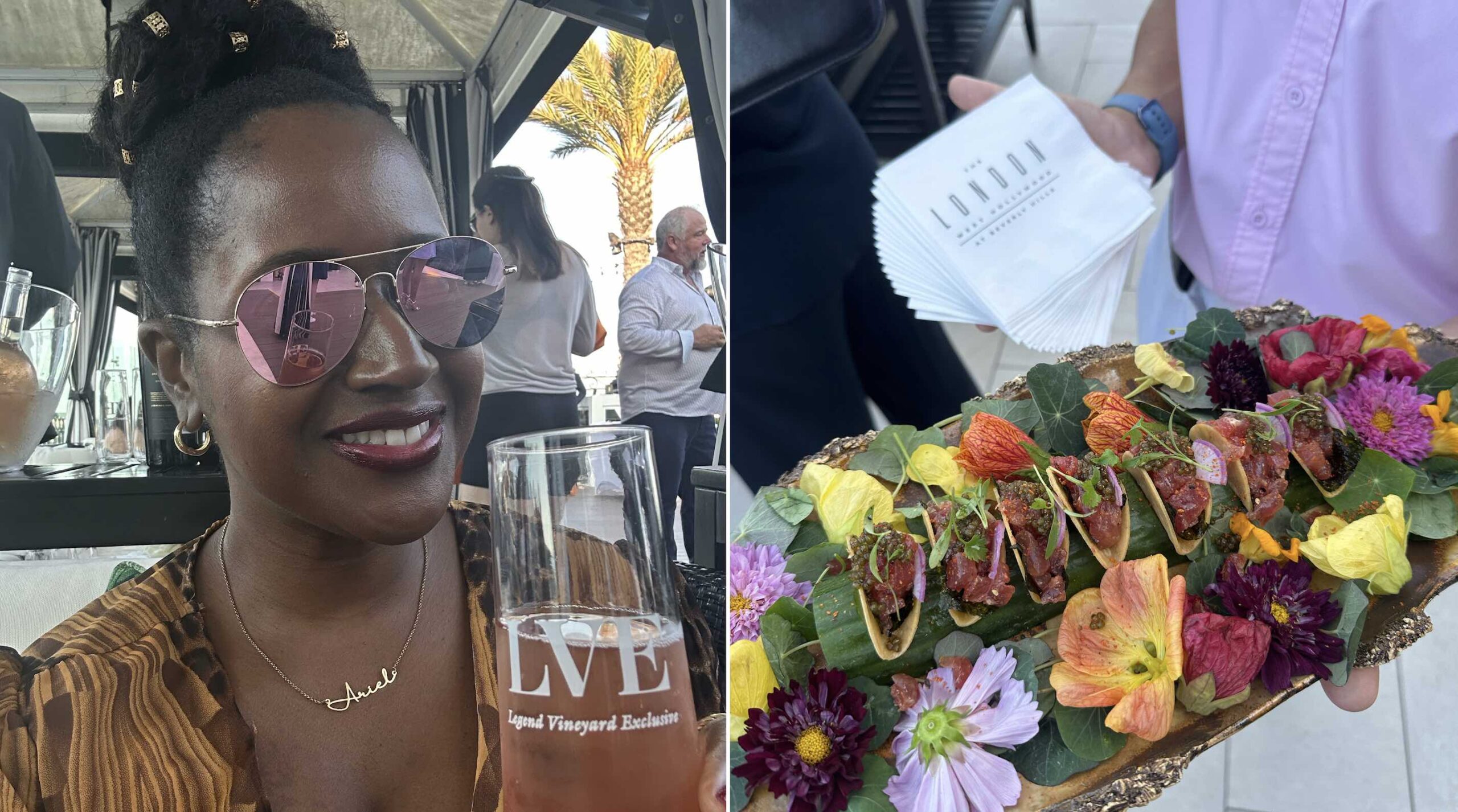 An image with two pictures: lifestyle blogger Ariel with a glass of LVE wines, and a tray of ahi tuna tacos.