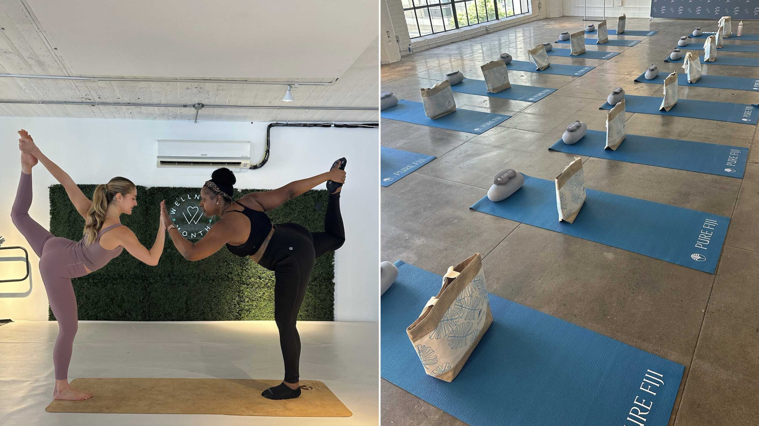 An image of two pictures - lifestyle blogger Ariel on the left in a yoga pose and a room of yoga mats on the right.