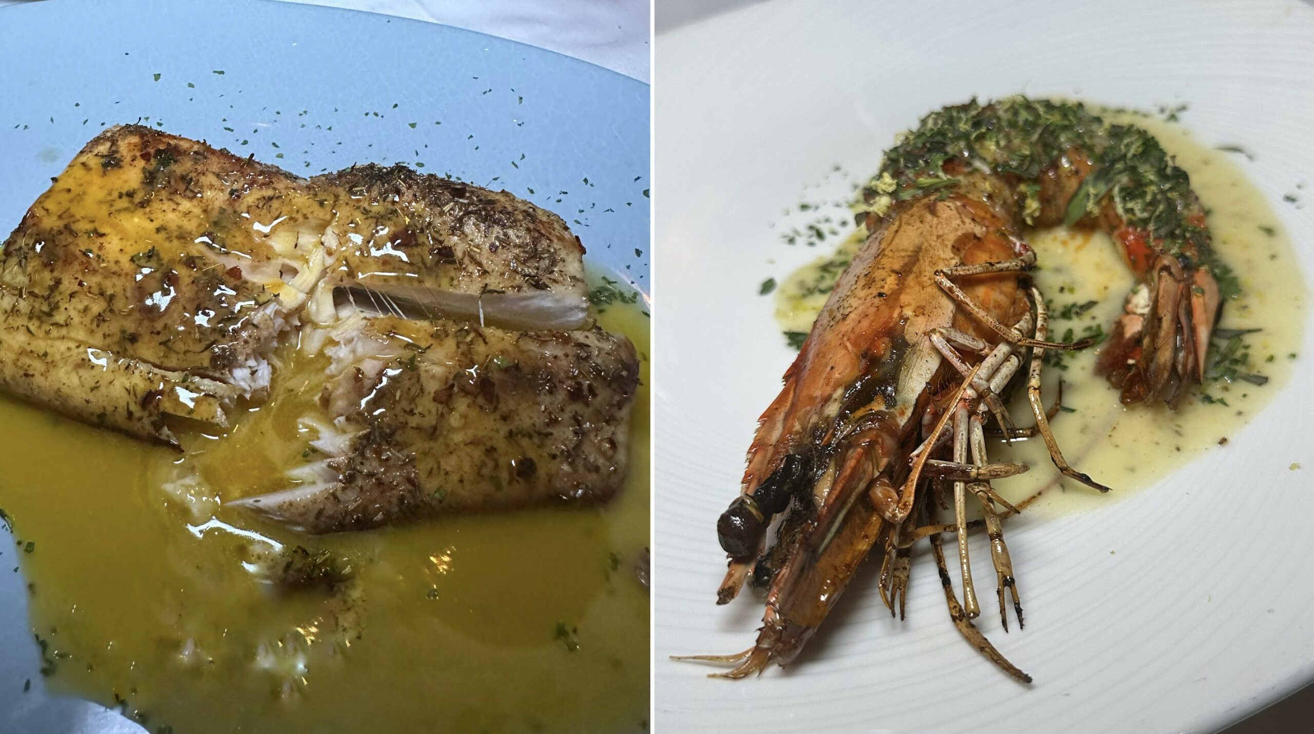 An image of some of the best seafood in Los Angeles, like the Jerk Spiced Mahi Mahi with Mango Butter Sauce (l) and Jumbo Prawn (r