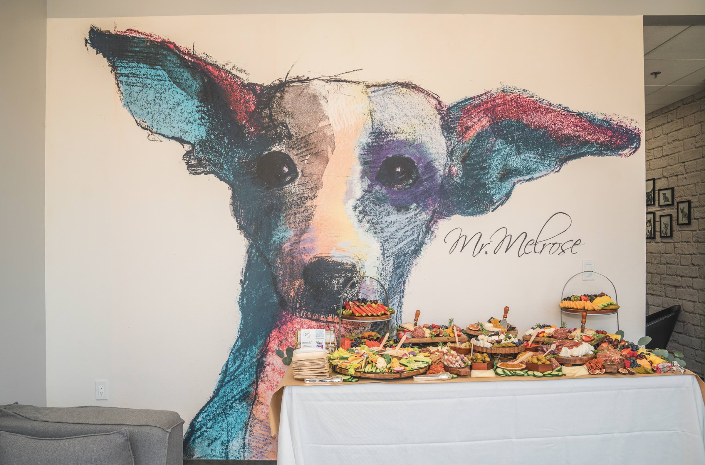 An image of the Melrose Vet interior with a painting of a dog in front of the stunning charcuterie and fruit spread.