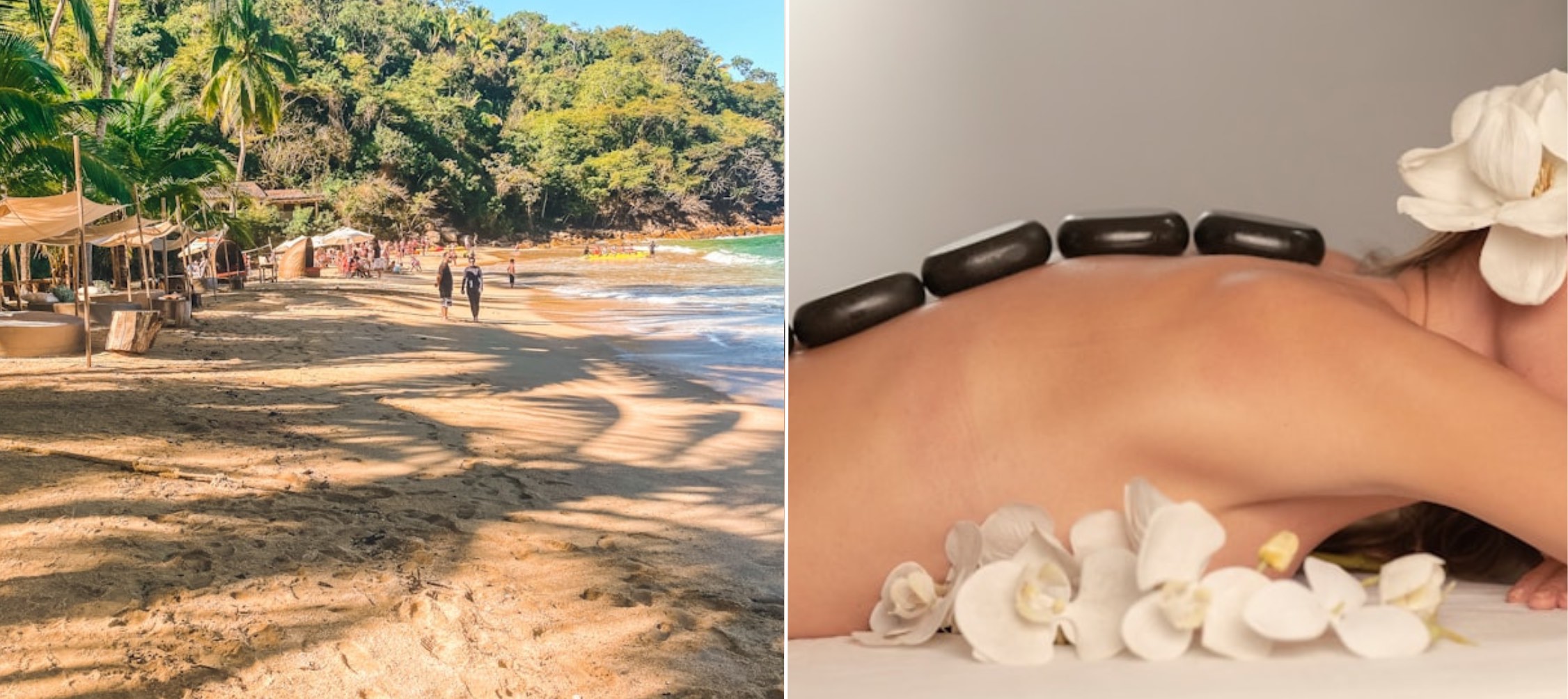 An image of two pictures: a Mexican beach and a woman at a spa