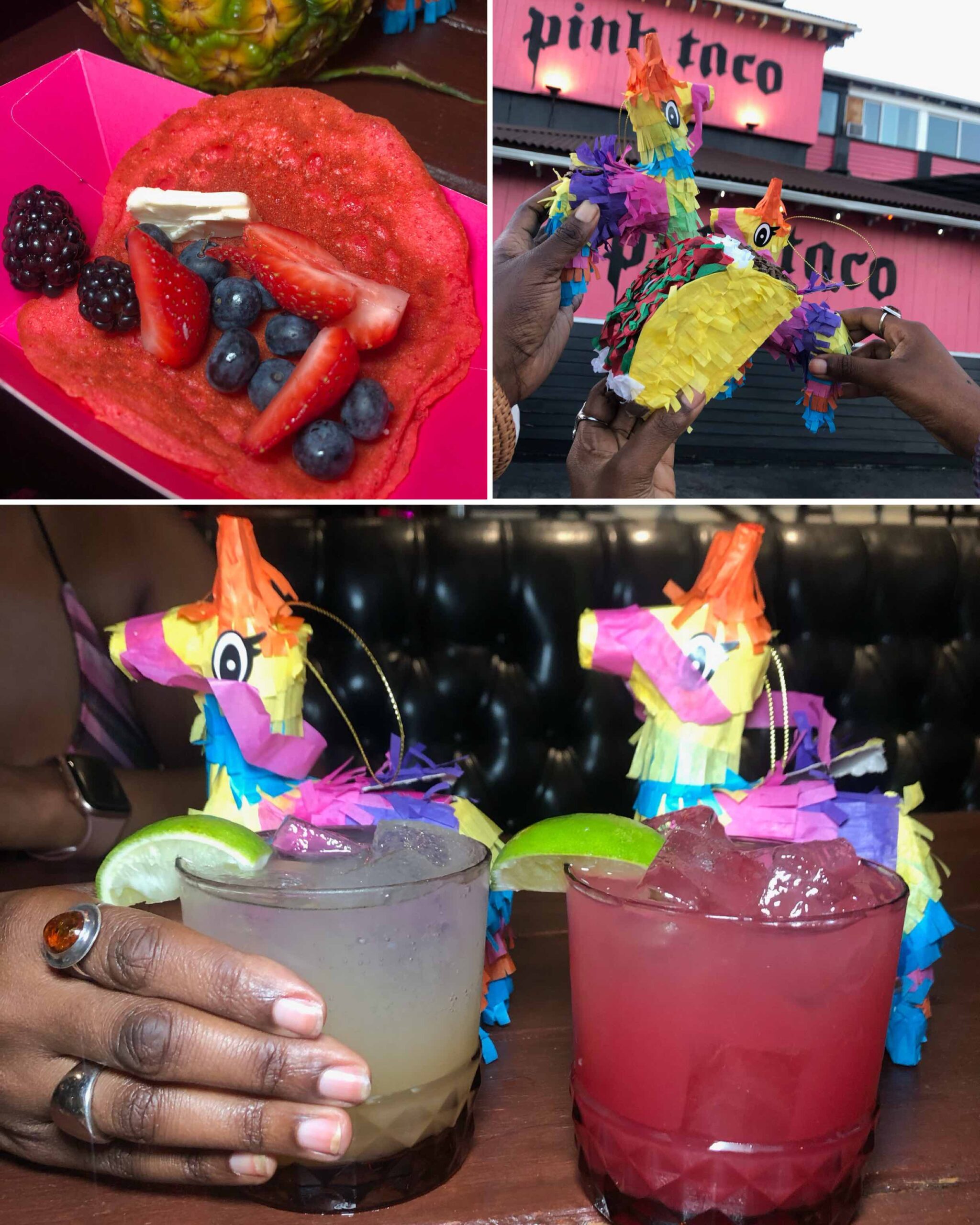 An image of a collage of Pink Taco cocktails, pancakes and pinata.