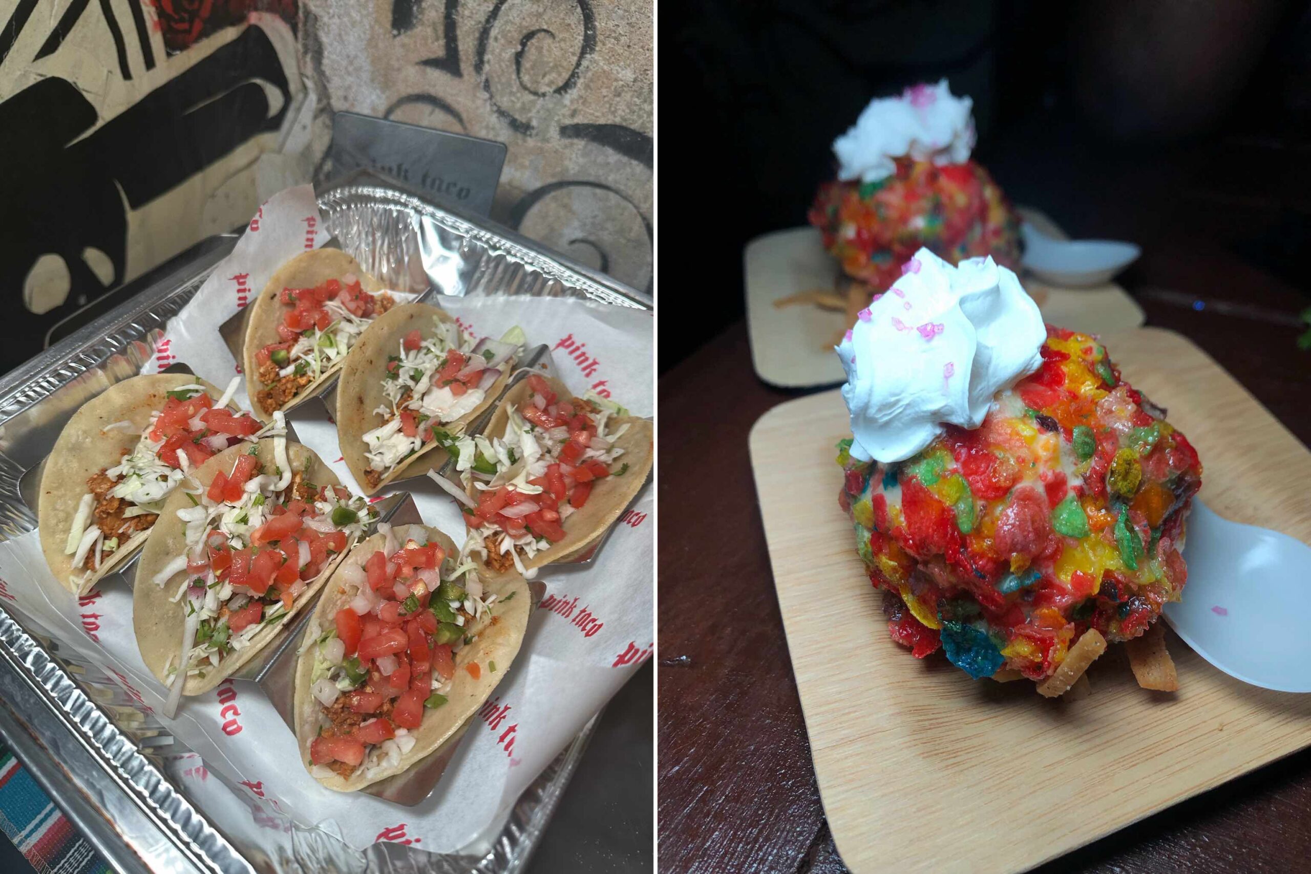 An image of two pictures - cauliflower tacos and pink fried ice cream.