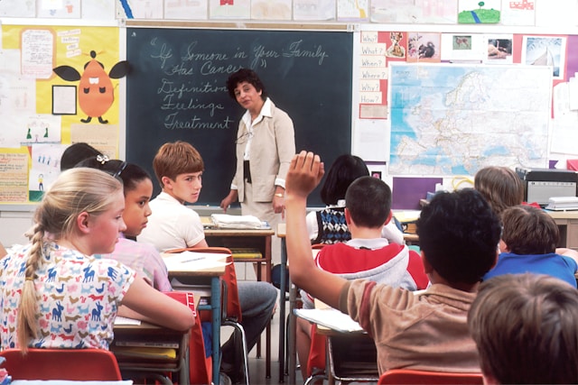 An image of an adult teaching English to children.