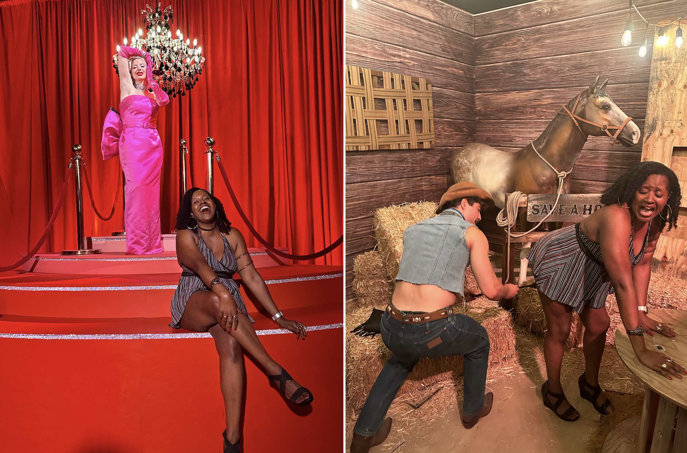 An image of burlesque dancer Miss Tosh (l) and the urban cowboy (r) at Vault's immersive museum.