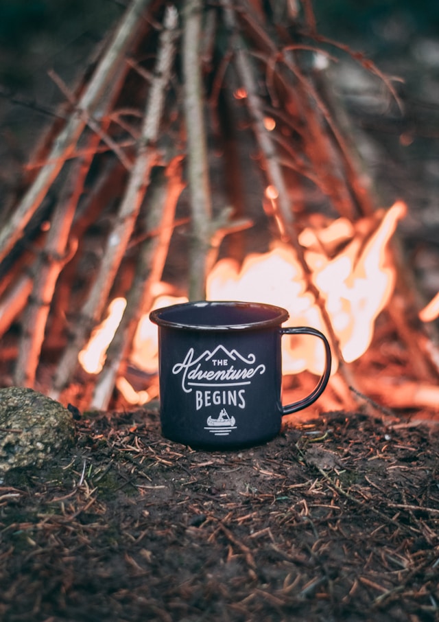 An image of a campfire with a mug in front of the fire.