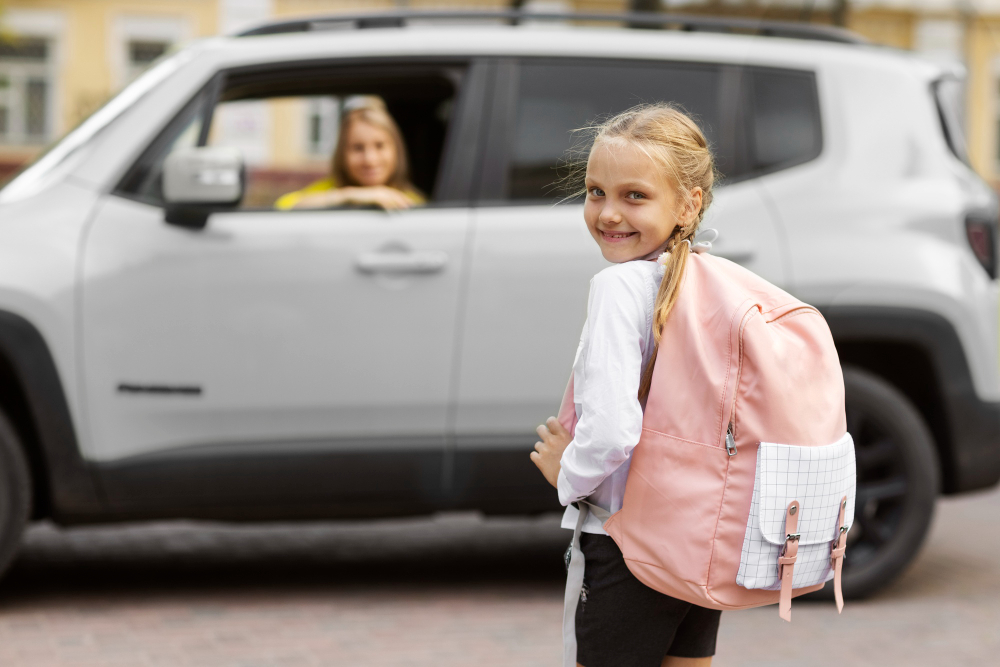 An image of a mom dropping off her daughter at school.