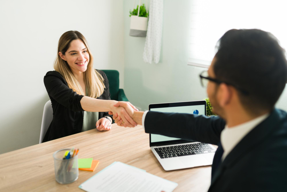 An image of a woman at her medical school interview.