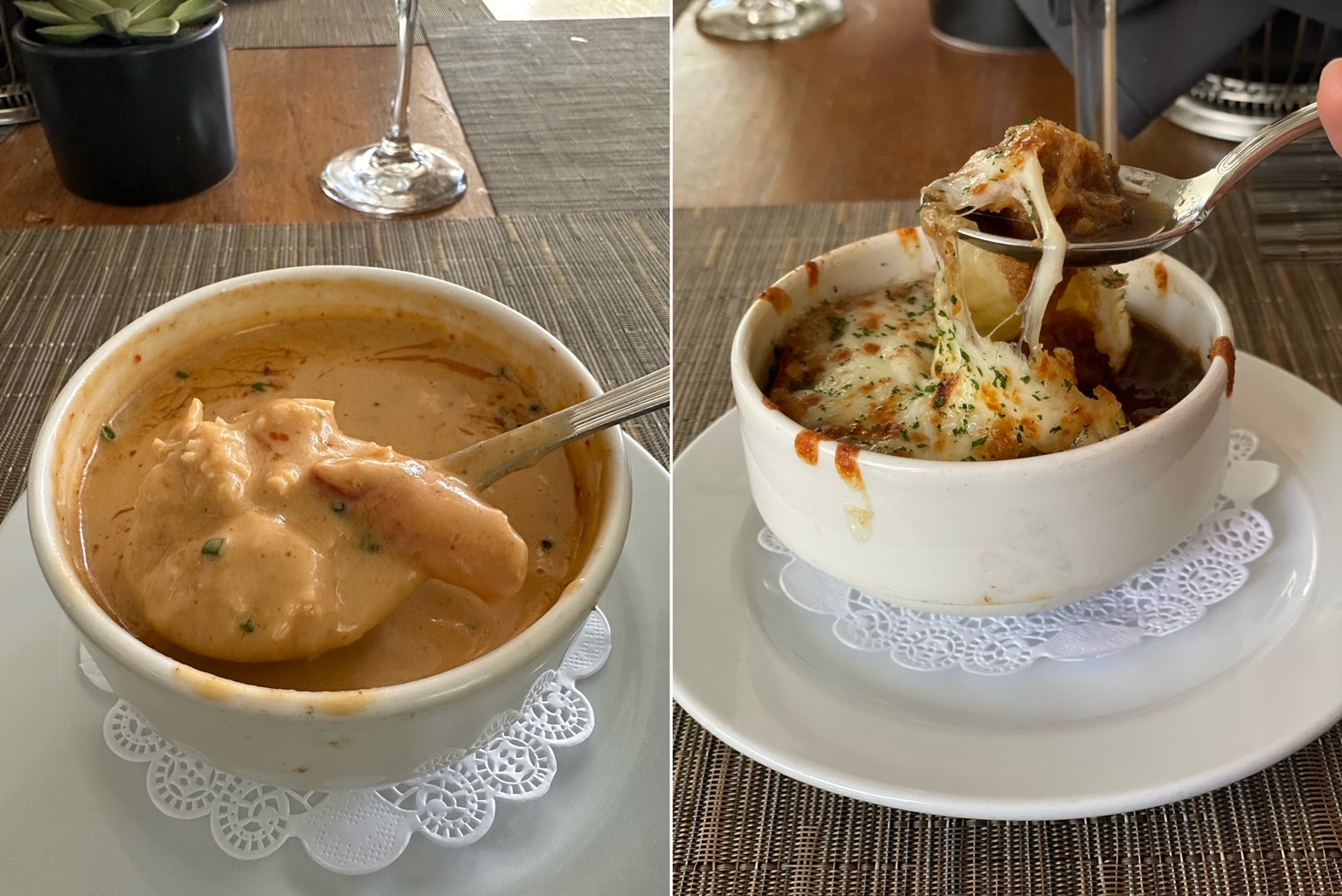 An image of the Lobster Bisque and French Onion Soup from Ocean Prime.