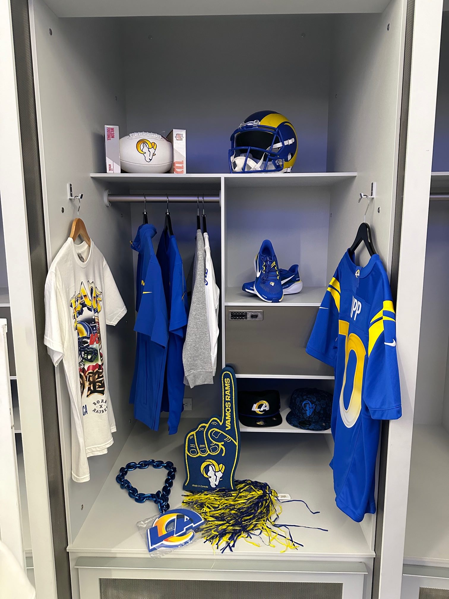 An image of Rams merchandise from the Rams locker room.