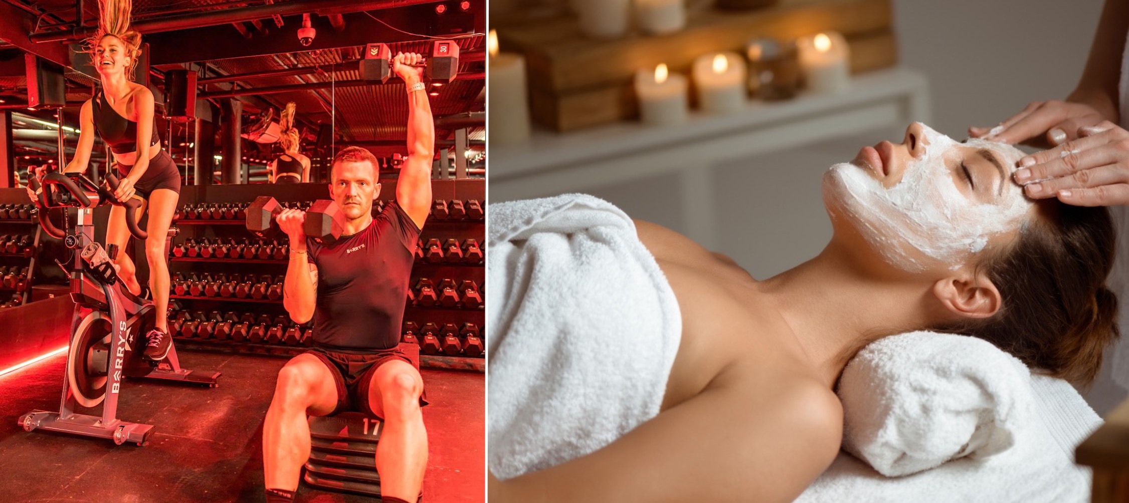 Love wellness? This image is of two pictures, two people in a fitness class and a woman getting a facial.