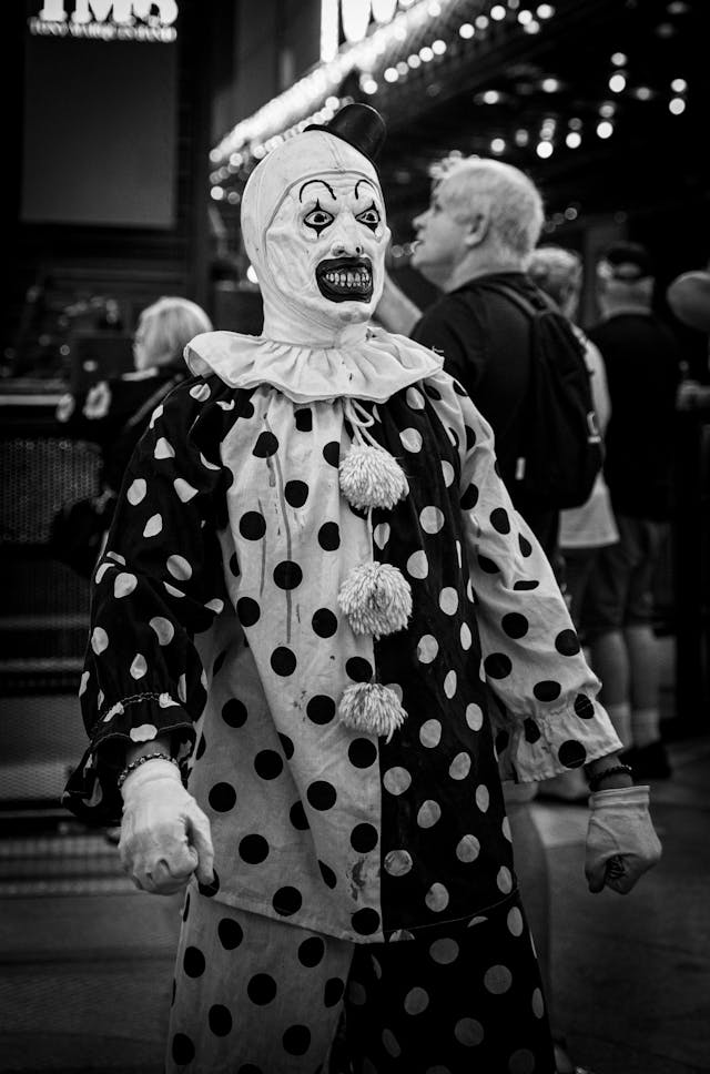 An image of someone in an Art the Clown costume from one of the best horror movies, Terrifier 3 for spooky season.